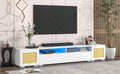 Rattan Style Entertainment Center With Push To Open Doors, 3 Pics Extended Tv Console Table For Tvs Up To 90'', Modern Tv Stand With Color Changing Led Lights For Home Theatre, White White Particle Board