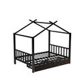 Full Size Metal House Platform Bed With Two Drawers,Headboard And Footboard,Roof Design,Black Black Metal