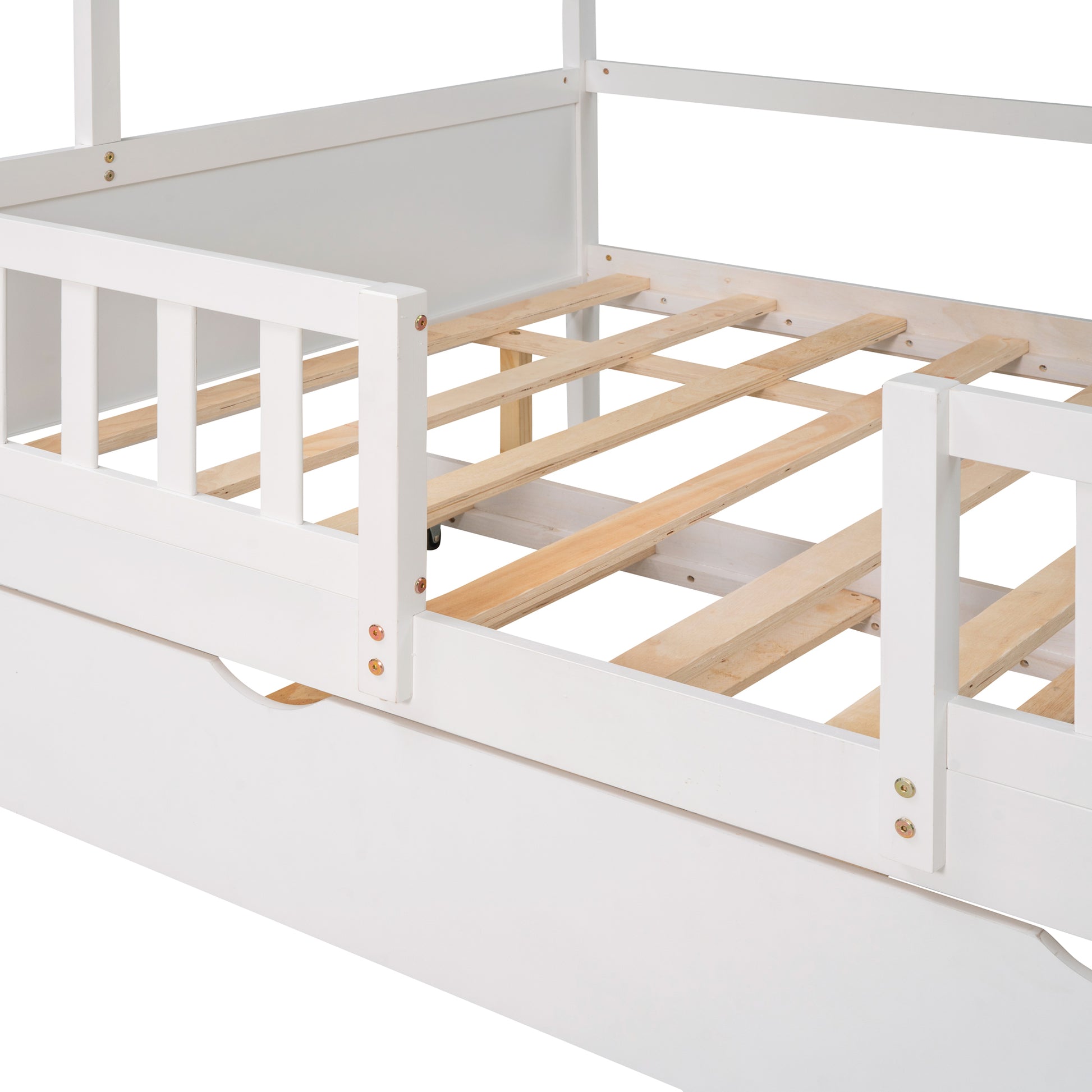 Full Size House Bed Wood Bed With Twin Size Trundle White White Solid Wood