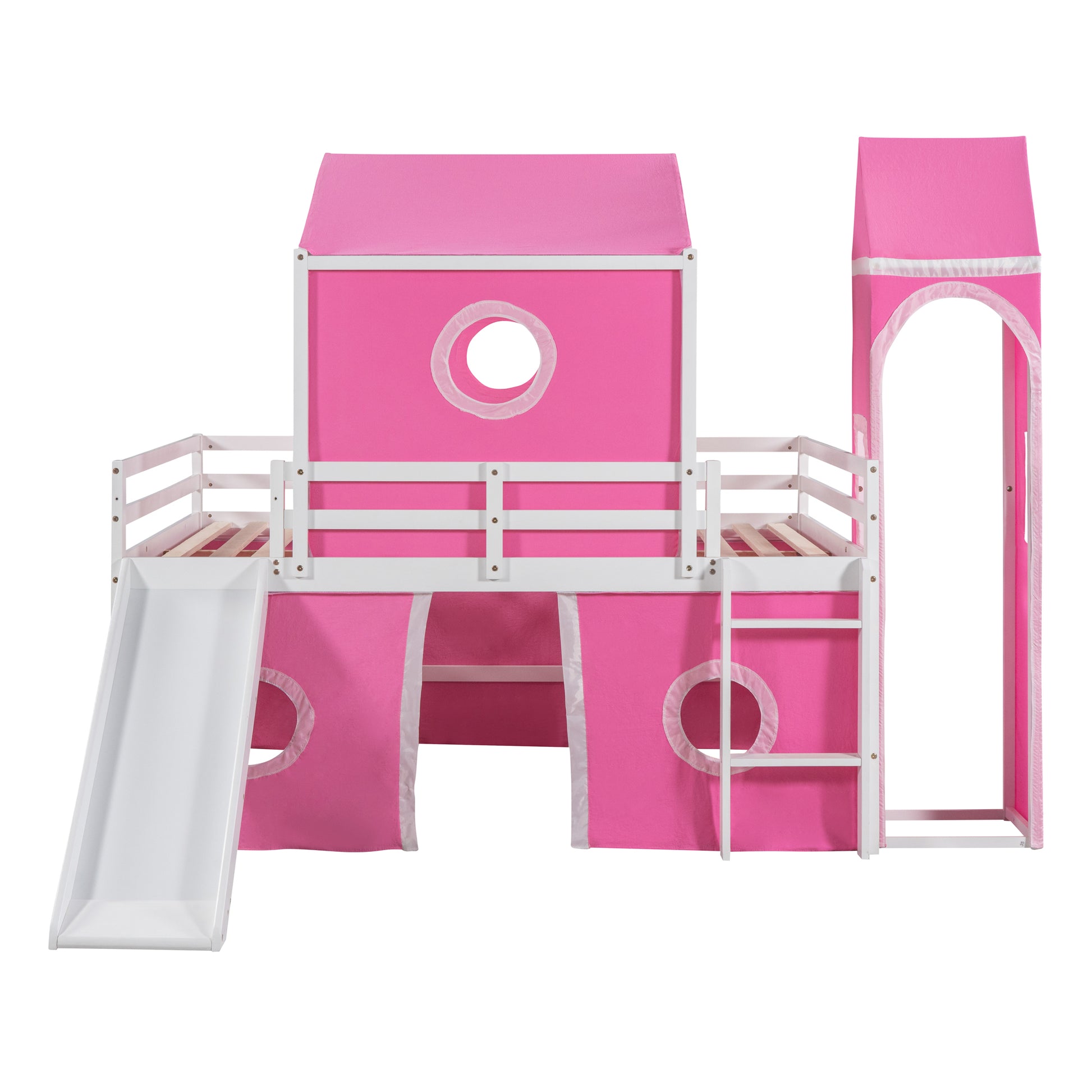 Full Size Loft Bed With Slide Pink Tent And Tower Pink Full Pink Solid Wood