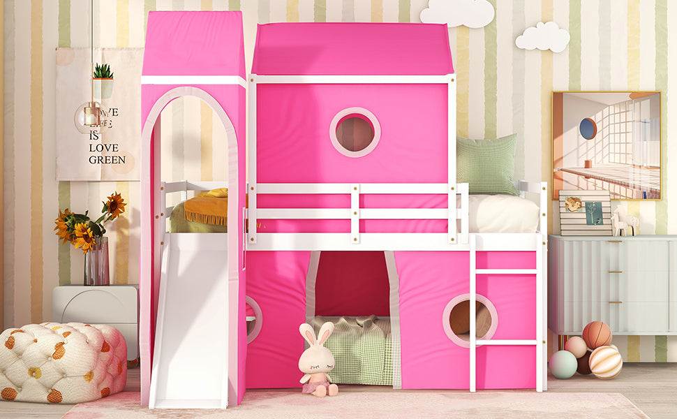 Twin Size Loft Bed With Slide Pink Tent And Tower Pink Twin Pink Solid Wood