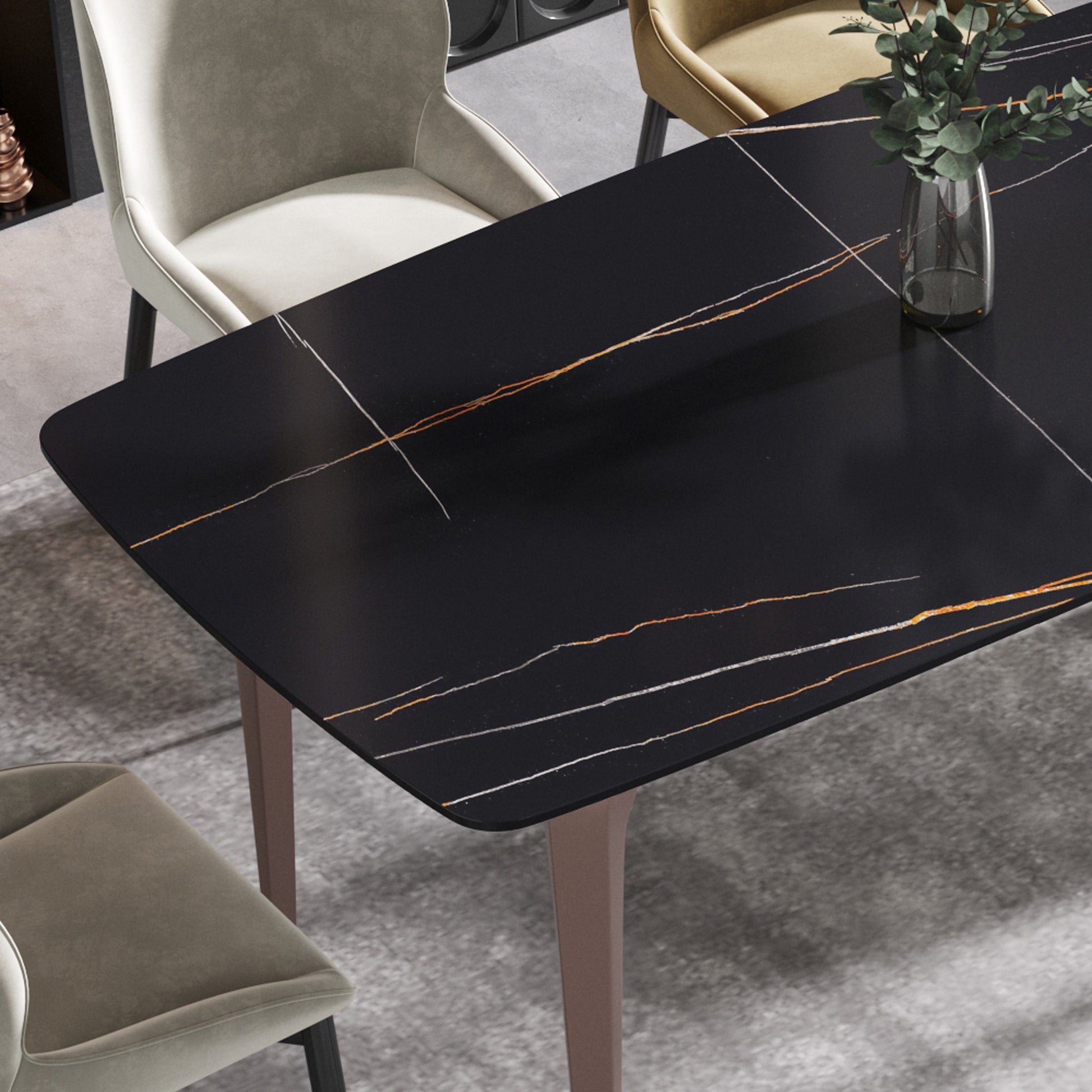 63"Modern Artificial Stone Black Curved Metal Leg Dining Table 6 People Black Metal Sintered Stone