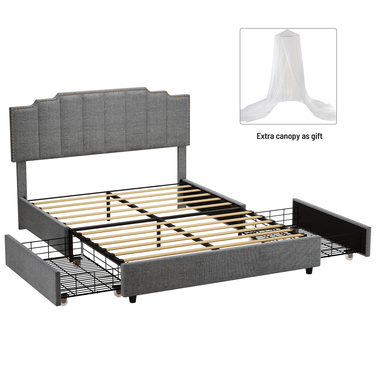 Queen Size Upholstered Platform Bed Linen Bed Frame With 2 Drawers Stitched Padded Headboard With Rivets Design Strong Bed Slats System No Box Spring Needed Grey Queen Grey Cotton Linen