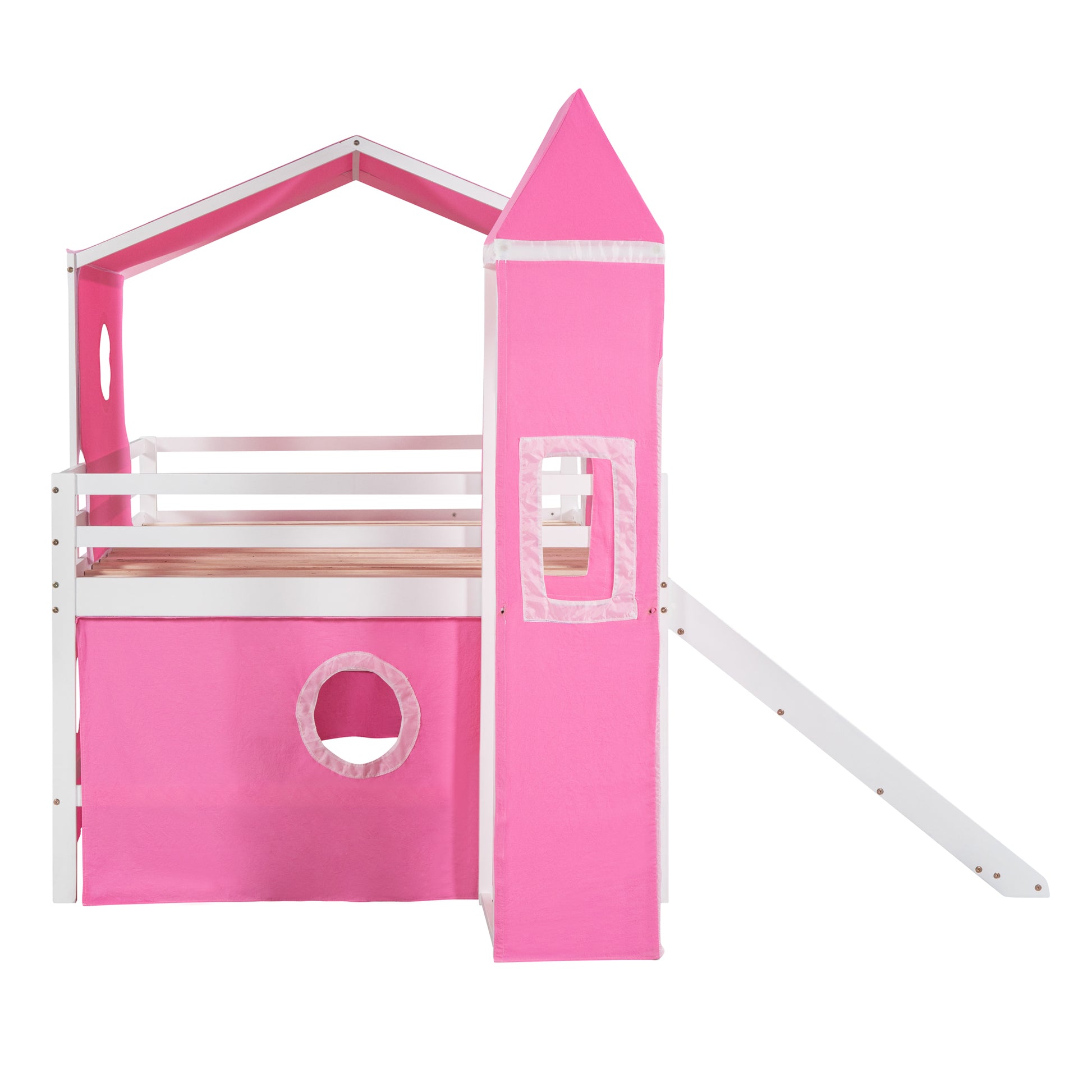 Full Size Loft Bed With Slide Pink Tent And Tower Pink Full Pink Solid Wood