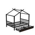 Full Size Metal House Platform Bed With Two Drawers,Headboard And Footboard,Roof Design,Black Black Metal