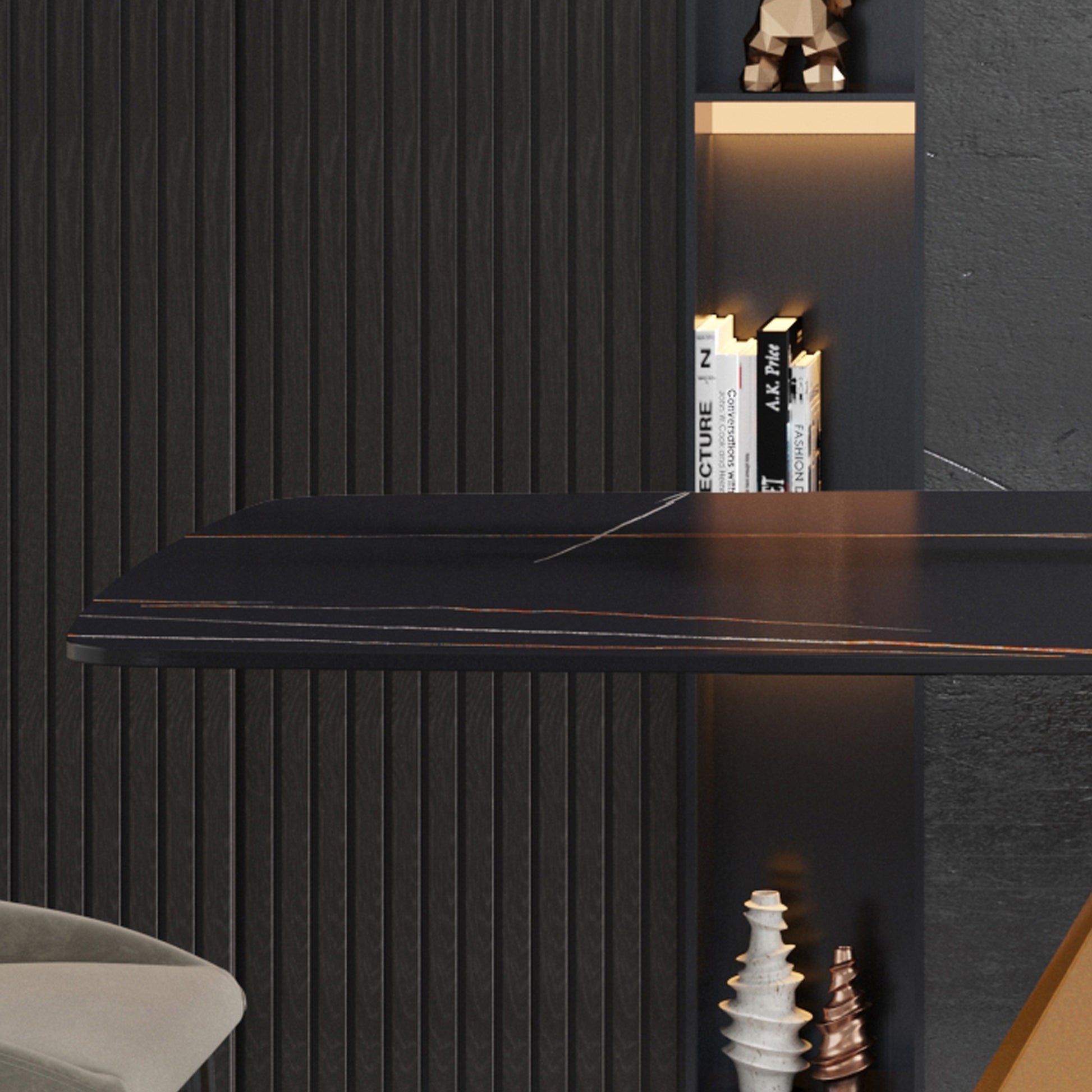 63"Modern Artificial Stone Black Curved Golden Metal Leg Dining Table 6 People Black Metal Sintered Stone