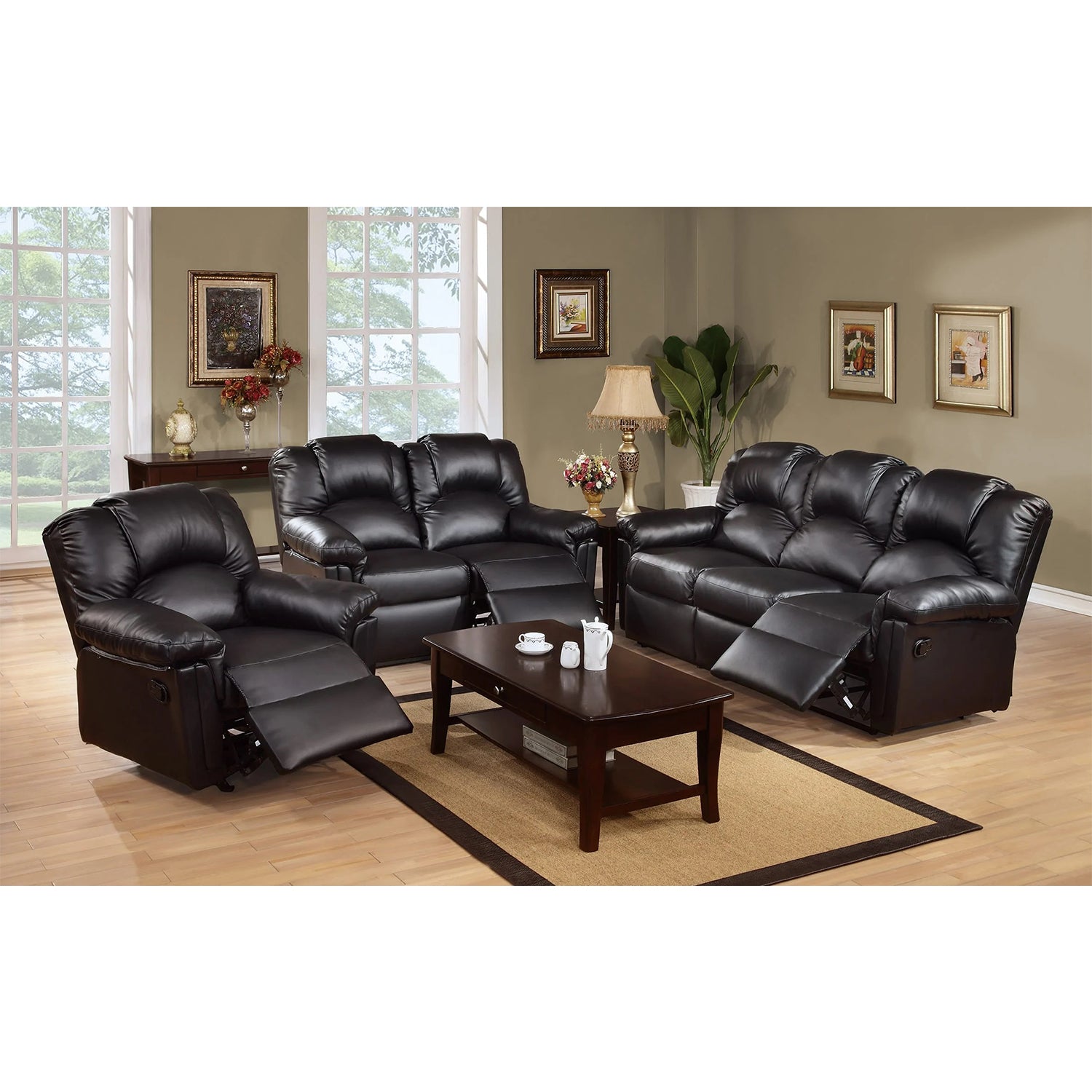 3 Seats Bonded Leather Manual Motion Reclining Sofa In Black Black Pillow Top Arms Pu Leather 3 Seat