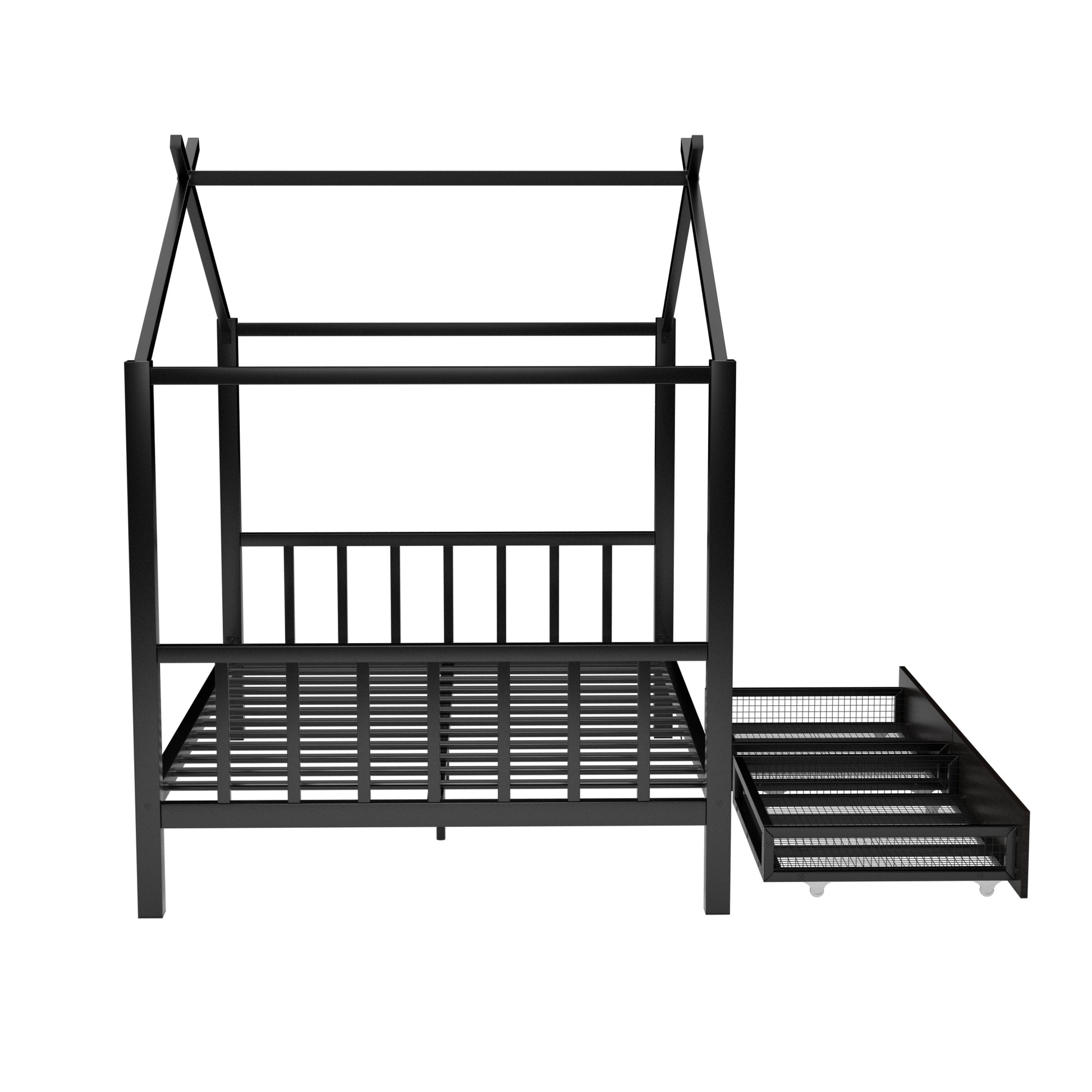 Full Size Metal House Platform Bed With Two Drawers,Headboard And Footboard,Roof Design,Black Black Metal