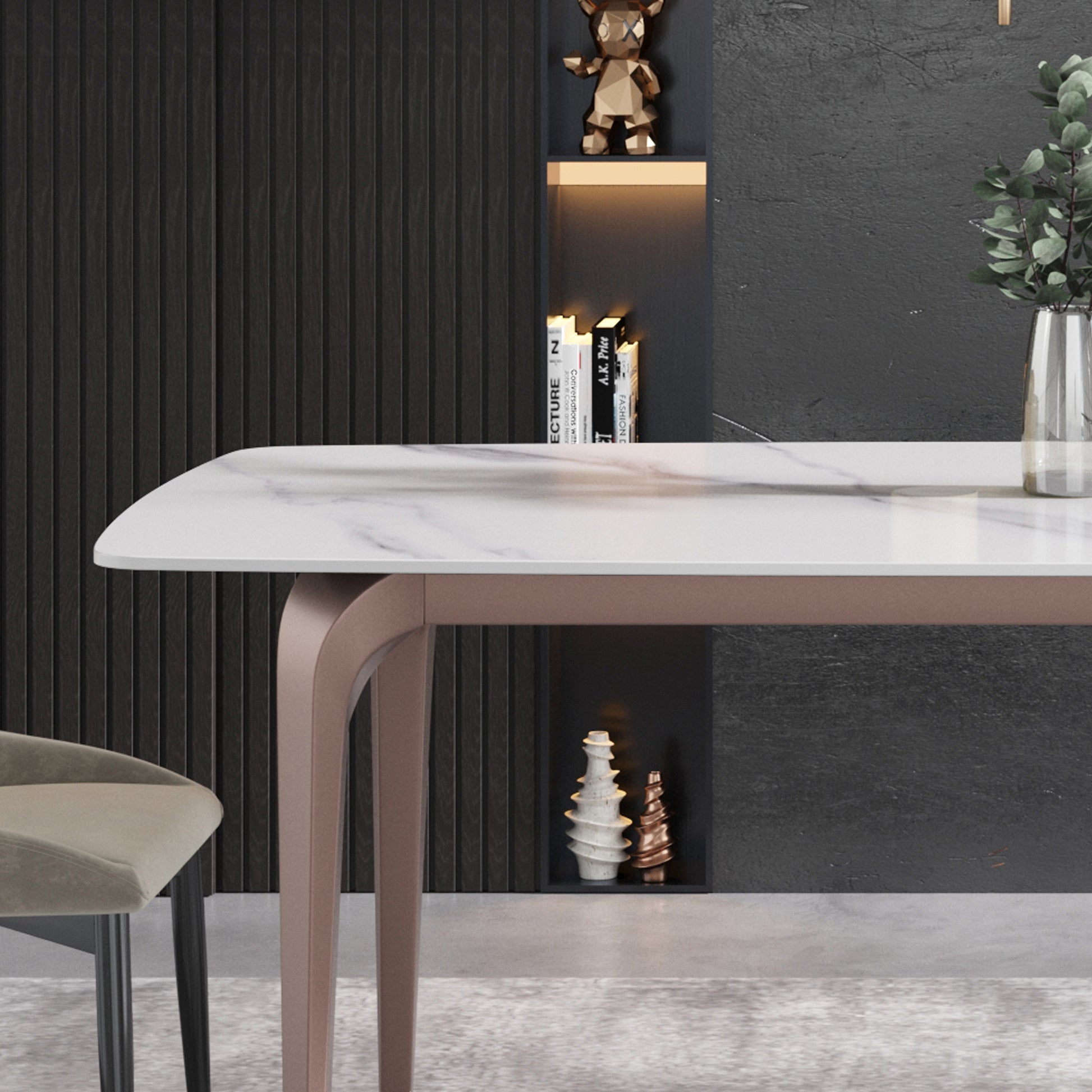 63"Modern Artificial Stone White Curved Metal Leg Dining Table 6 People White Metal Sintered Stone