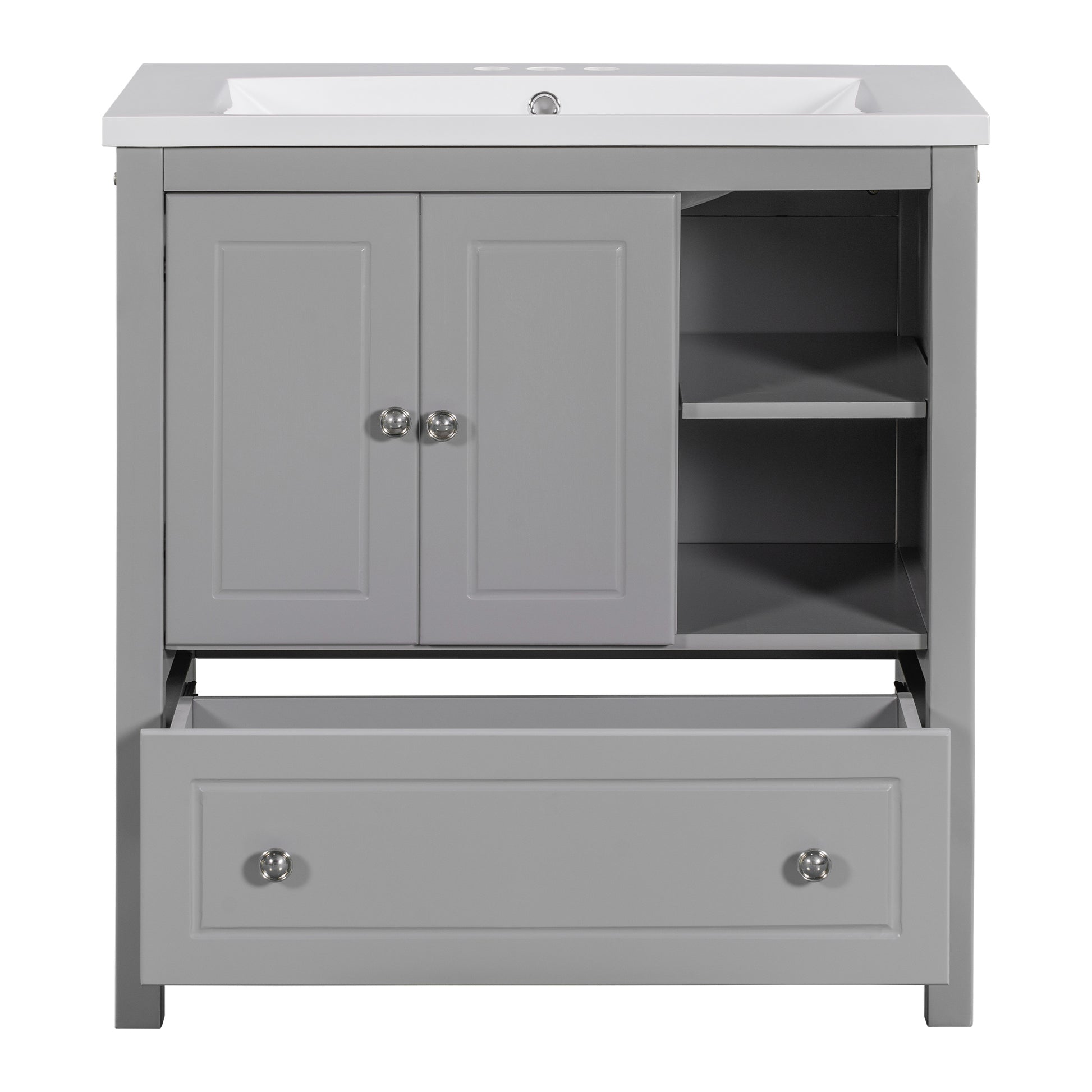 Video 30" Bathroom Vanity With Sink, Bathroom Storage Cabinet With Doors And Drawers, Solid Wood Frame, Ceramic Sink, Grey Old Sku: Jl000002Aag Grey Solid Wood Mdf