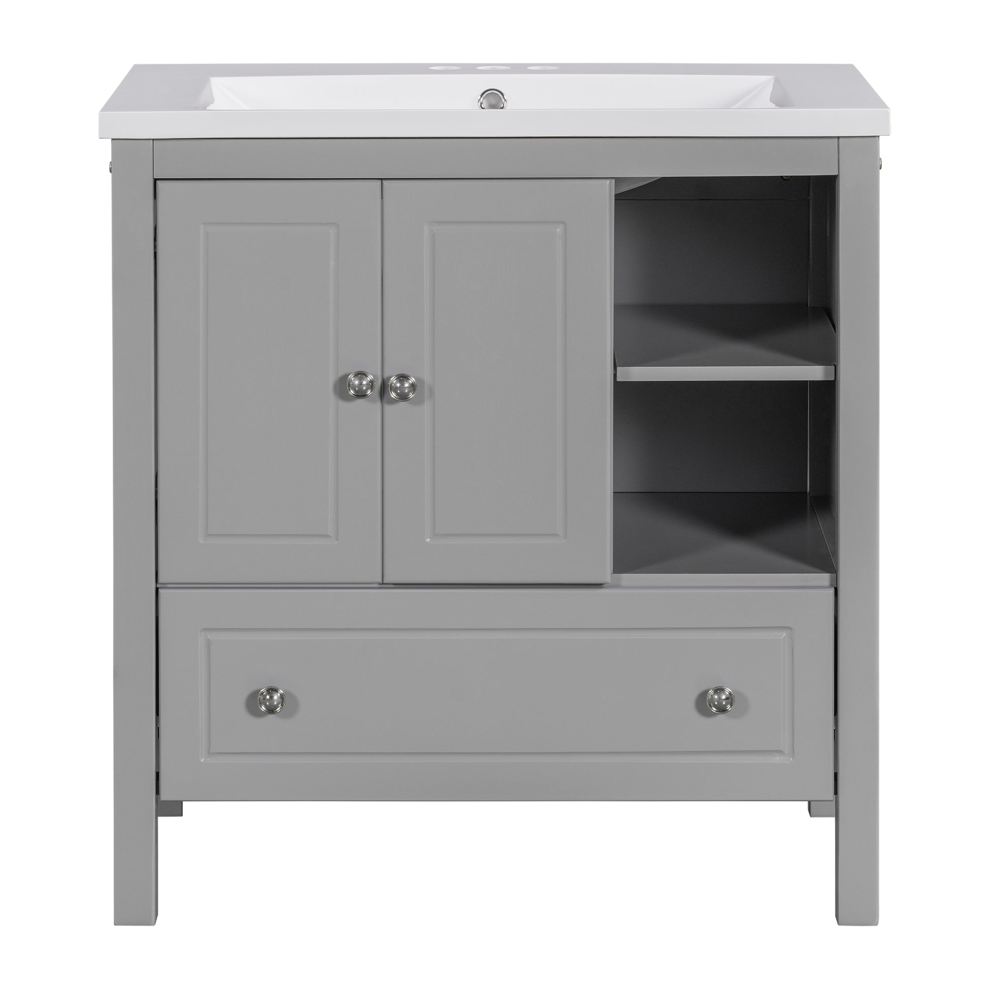 Video 30" Bathroom Vanity With Sink, Bathroom Storage Cabinet With Doors And Drawers, Solid Wood Frame, Ceramic Sink, Grey Old Sku: Jl000002Aag Grey Solid Wood Mdf