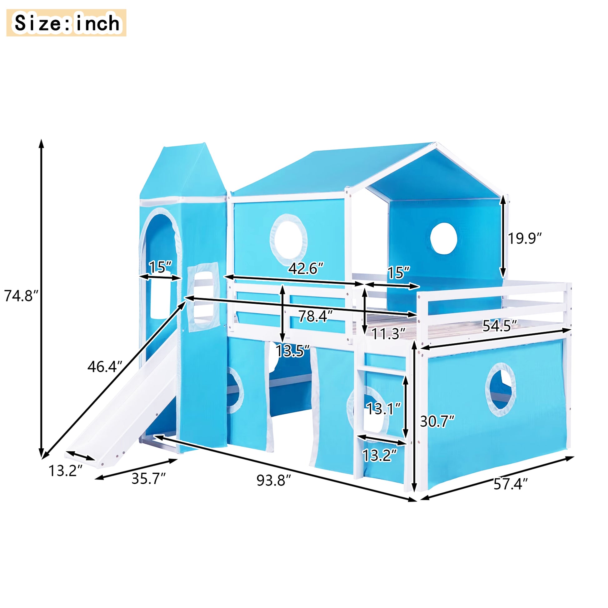 Full Size Loft Bed With Slide Blue Tent And Tower Blue Full Blue Solid Wood