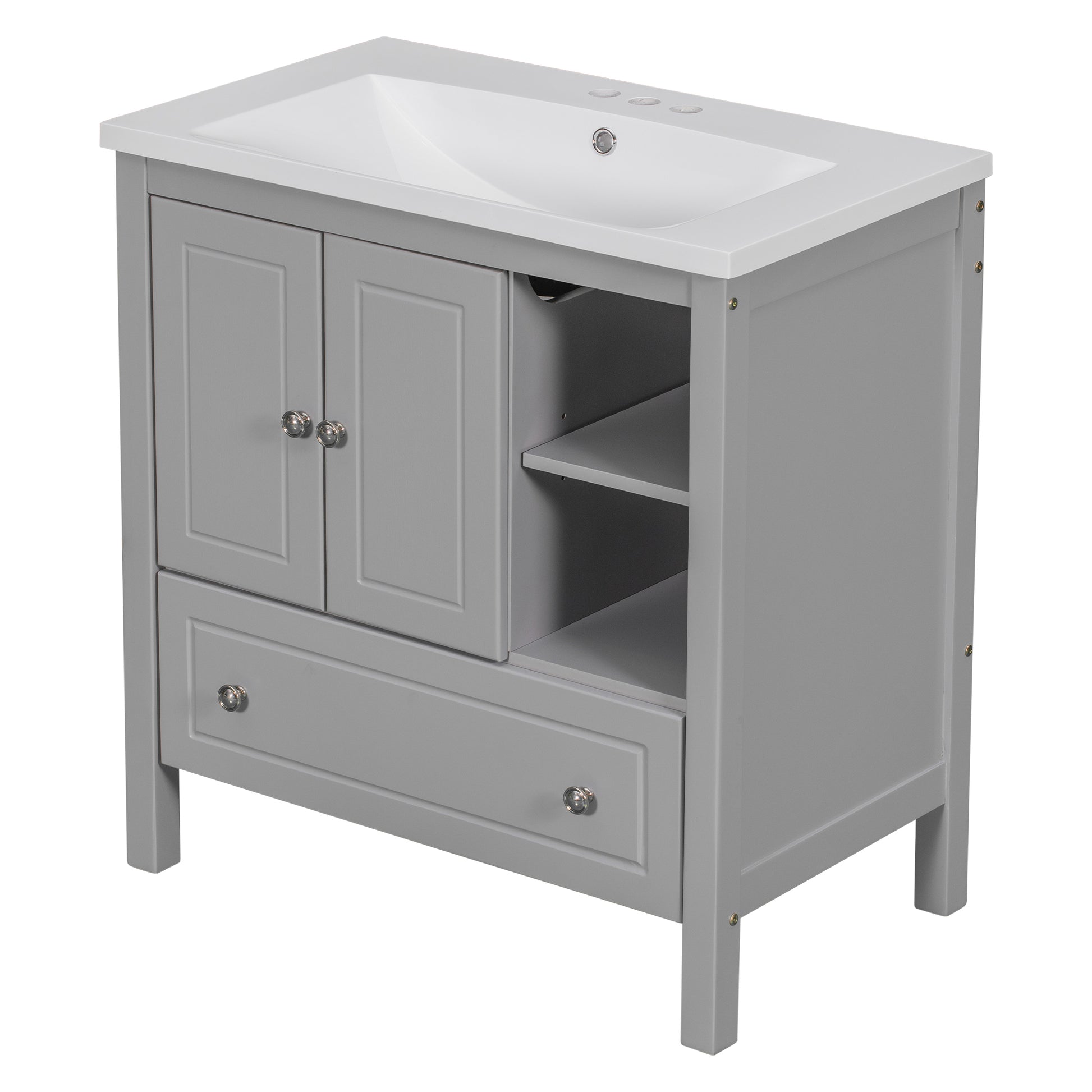 Video 30" Bathroom Vanity With Sink, Bathroom Storage Cabinet With Doors And Drawers, Solid Wood Frame, Ceramic Sink, Grey Old Sku: Jl000002Aag Grey Solid Wood Mdf