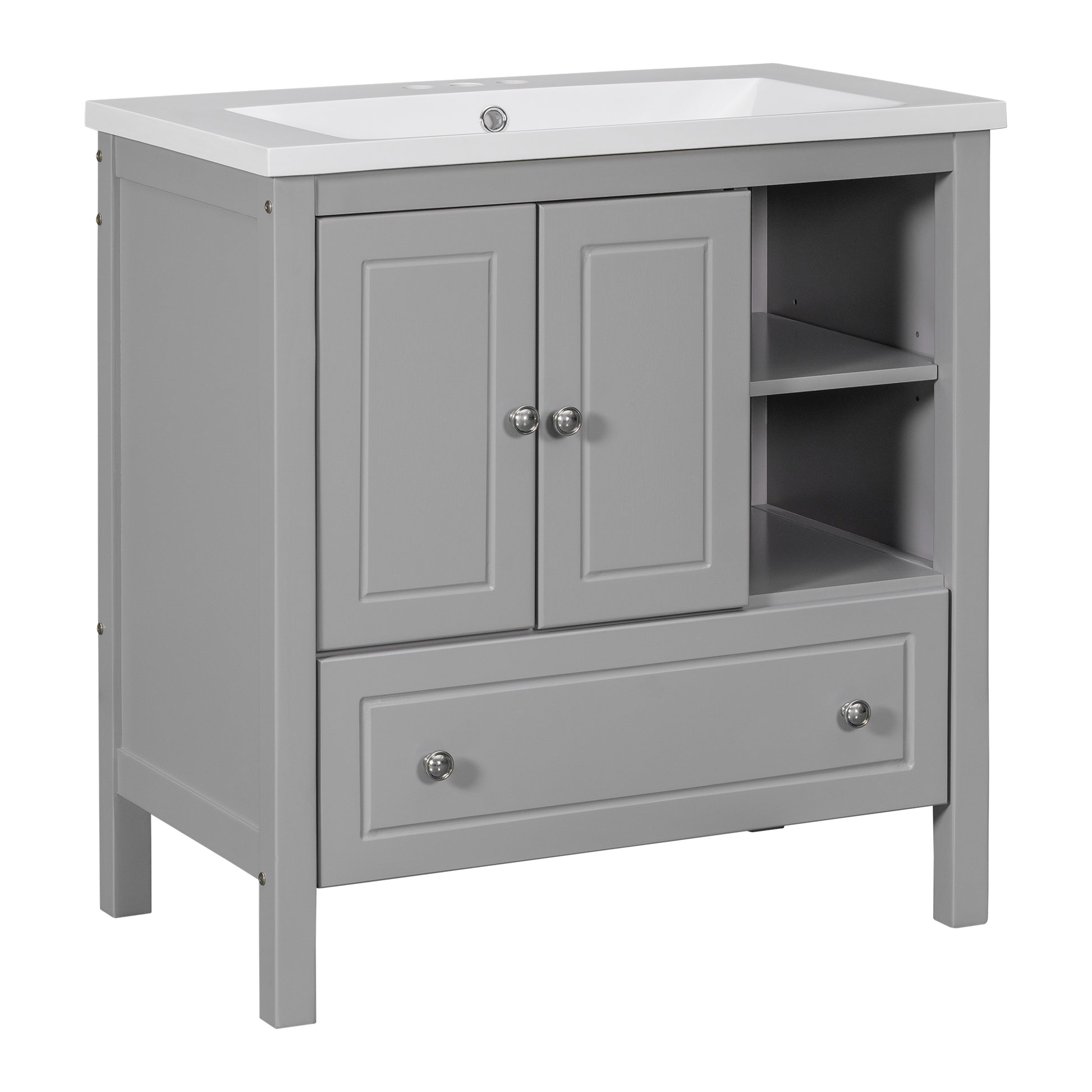 Video 30" Bathroom Vanity With Sink, Bathroom Storage Cabinet With Doors And Drawers, Solid Wood Frame, Ceramic Sink, Grey Old Sku: Jl000002Aag Grey Solid Wood Mdf