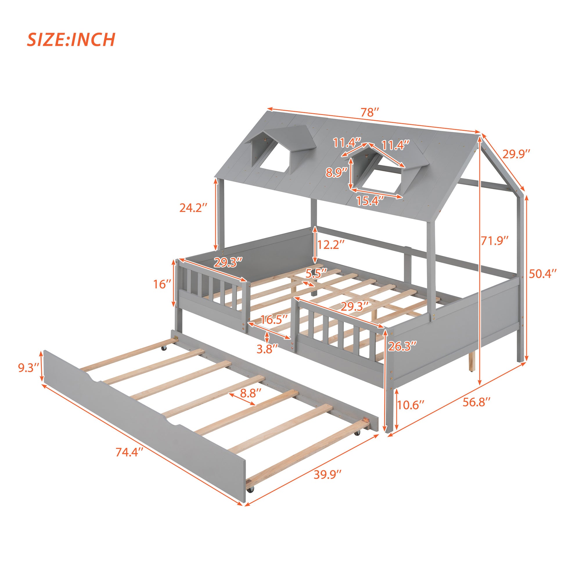 Full Size House Bed Wood Bed With Twin Size Trundle Gray Gray Solid Wood