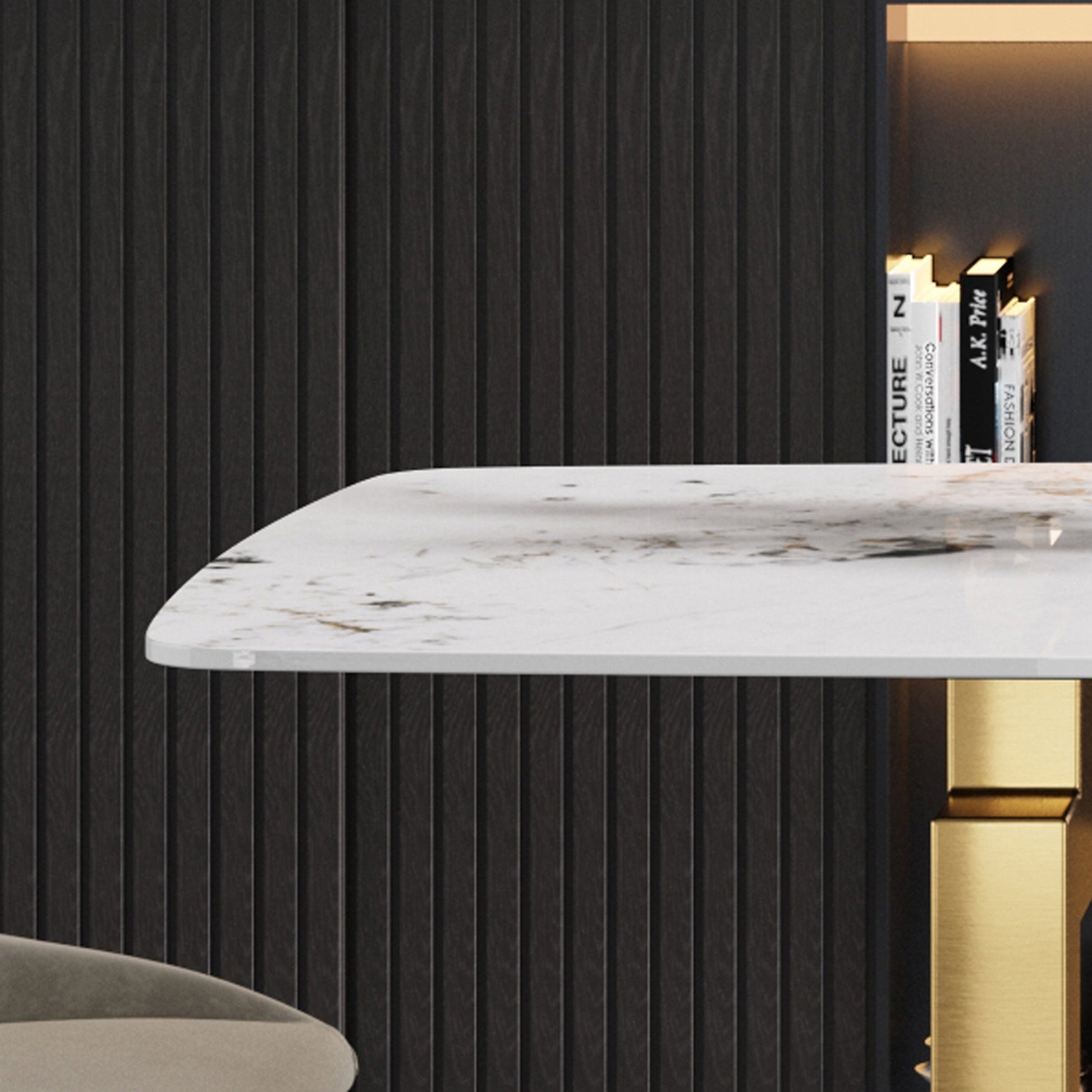 63"Modern Artificial Stone Pandora White Curved Golden Metal Leg Dining Table 6 People Antique White Metal Sintered Stone