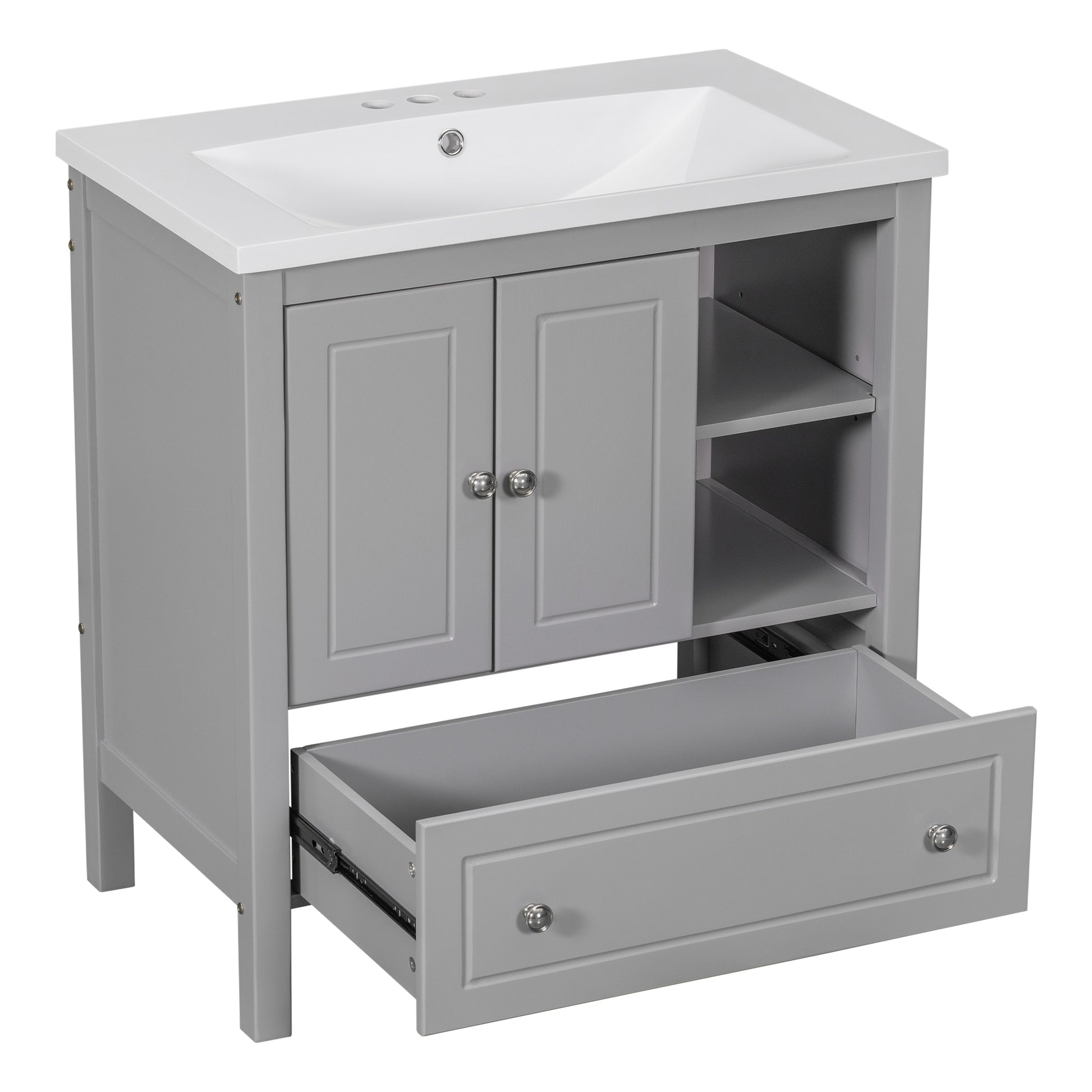 Video 30" Bathroom Vanity With Sink, Bathroom Storage Cabinet With Doors And Drawers, Solid Wood Frame, Ceramic Sink, Grey Old Sku: Jl000002Aag Grey Solid Wood Mdf