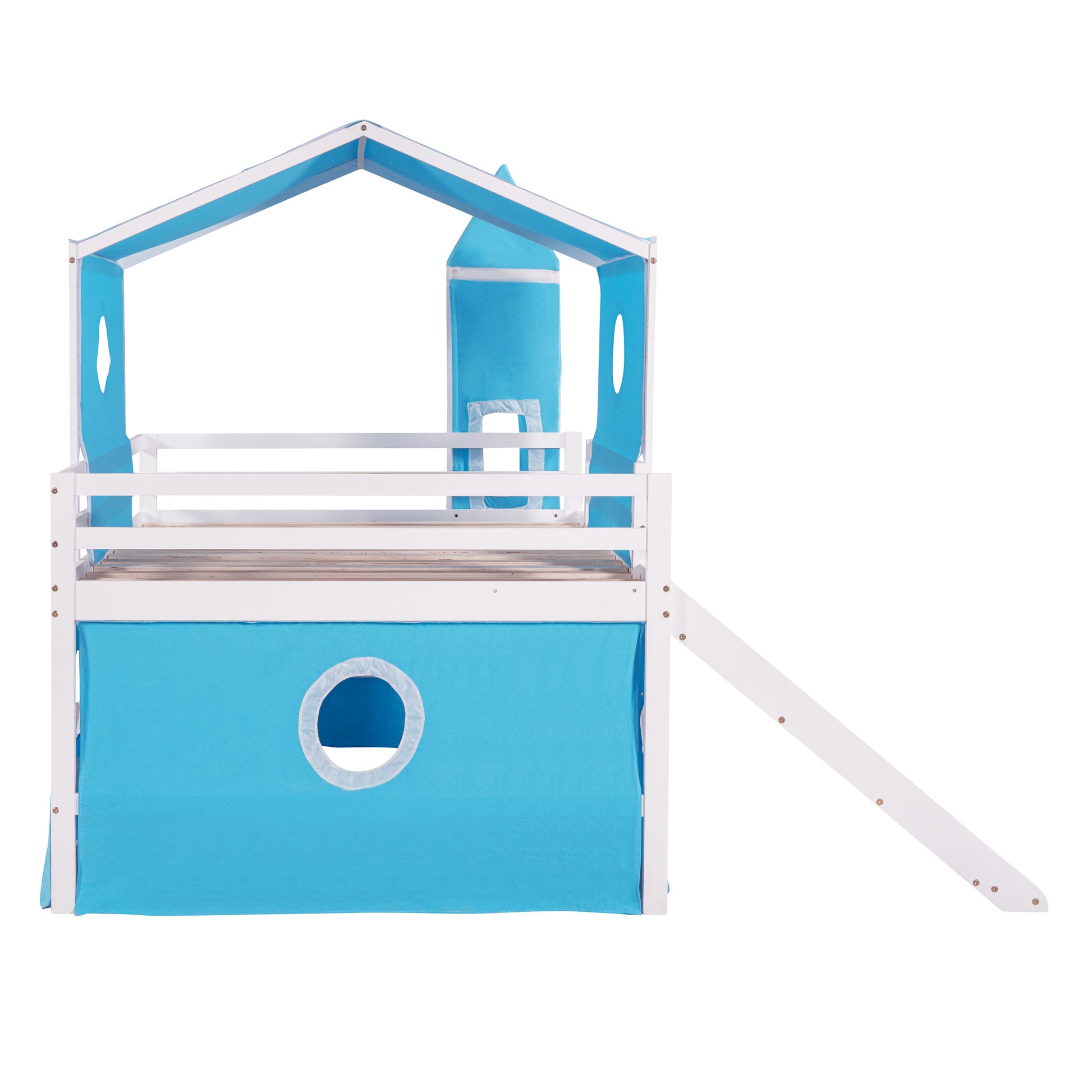 Full Size Loft Bed With Slide Blue Tent And Tower Blue Full Blue Solid Wood