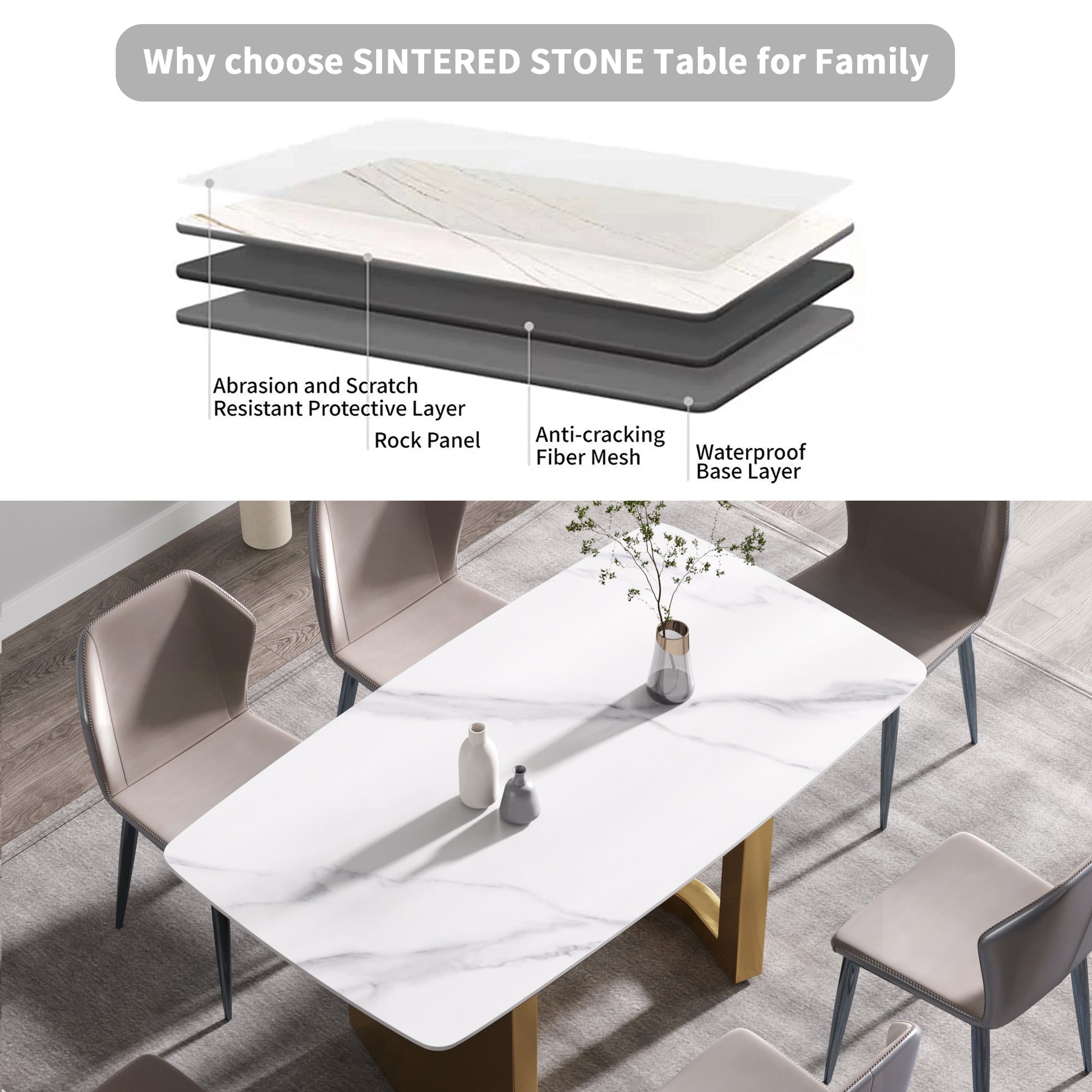 63"Modern Artificial Stone White Curved Golden Metal Leg Dining Table 6 People White Metal Sintered Stone