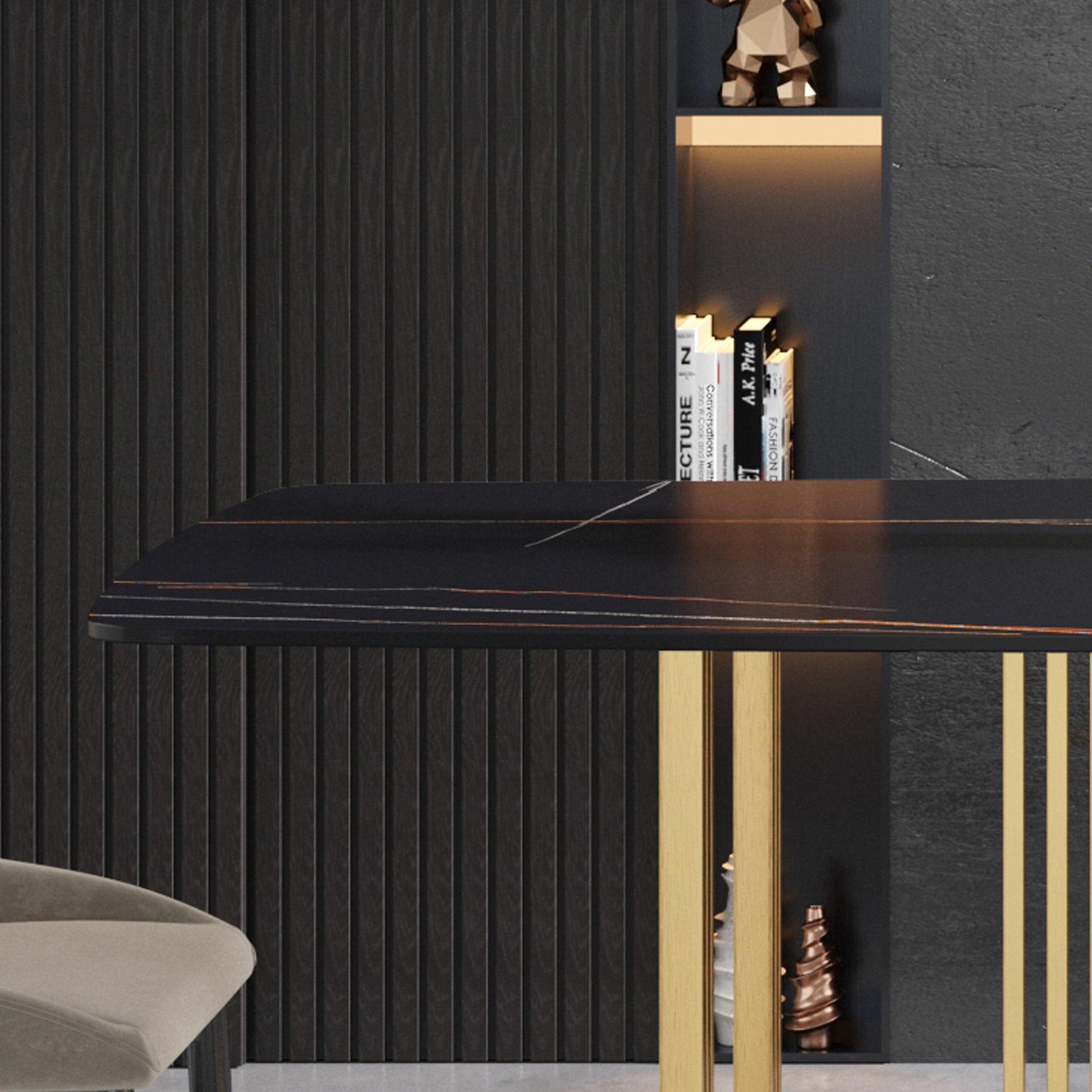 63"Modern Artificial Stone Black Curved Golden Metal Leg Dining Table 6 People Black Metal Sintered Stone