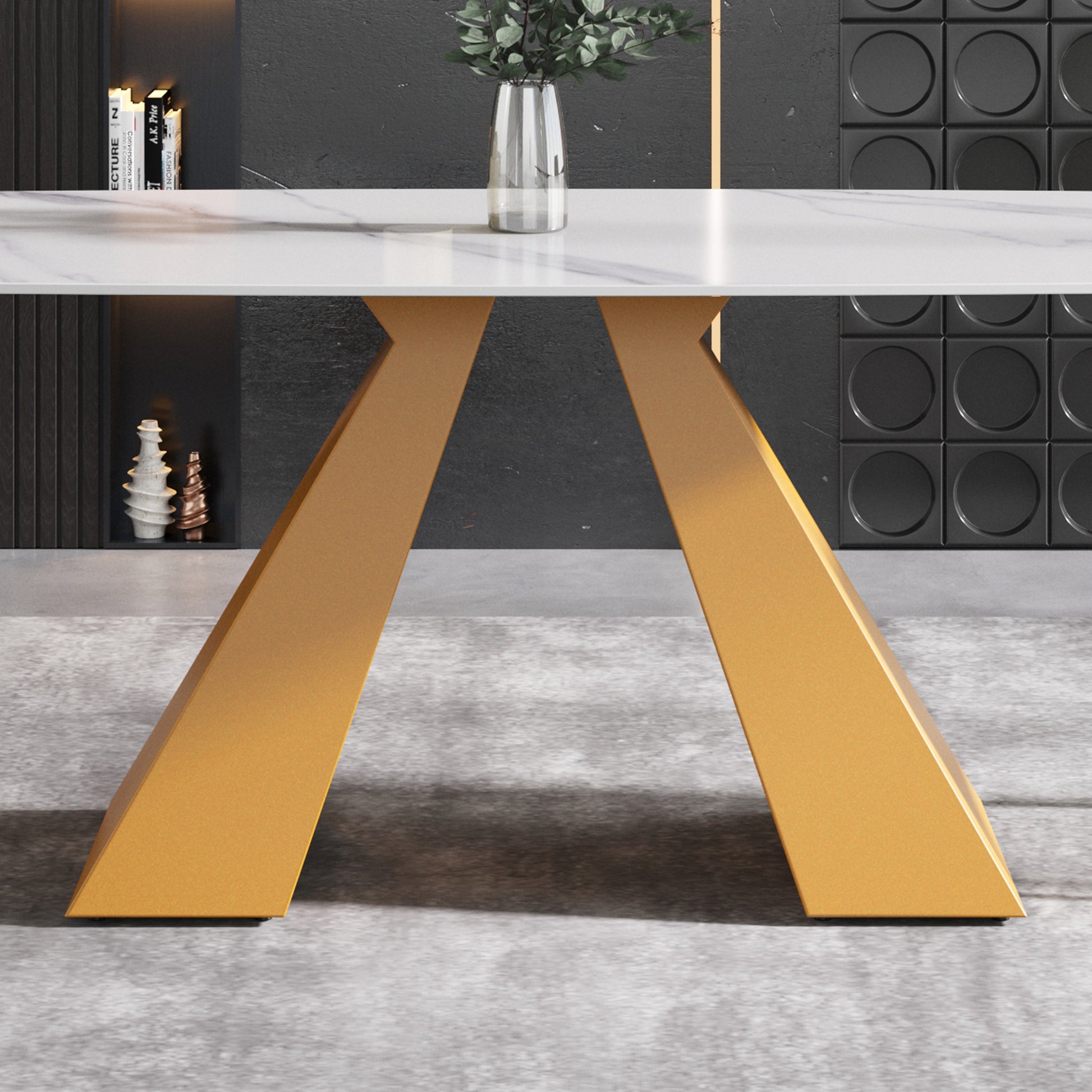 63"Modern Artificial Stone White Curved Golden Metal Leg Dining Table 6 People White Metal Sintered Stone