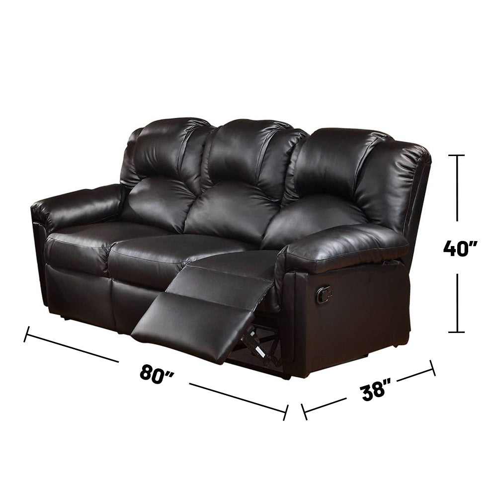 3 Seats Bonded Leather Manual Motion Reclining Sofa In Black Black Pillow Top Arms Pu Leather 3 Seat