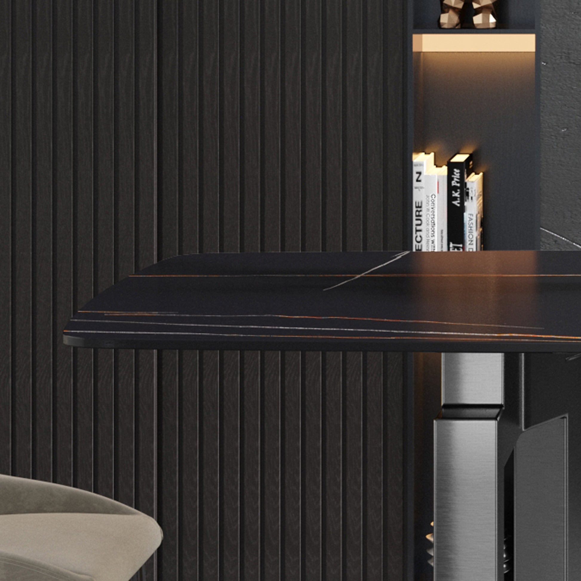 63"Modern Artificial Stone Black Curved Black Metal Leg Dining Table 6 People Black Metal Sintered Stone