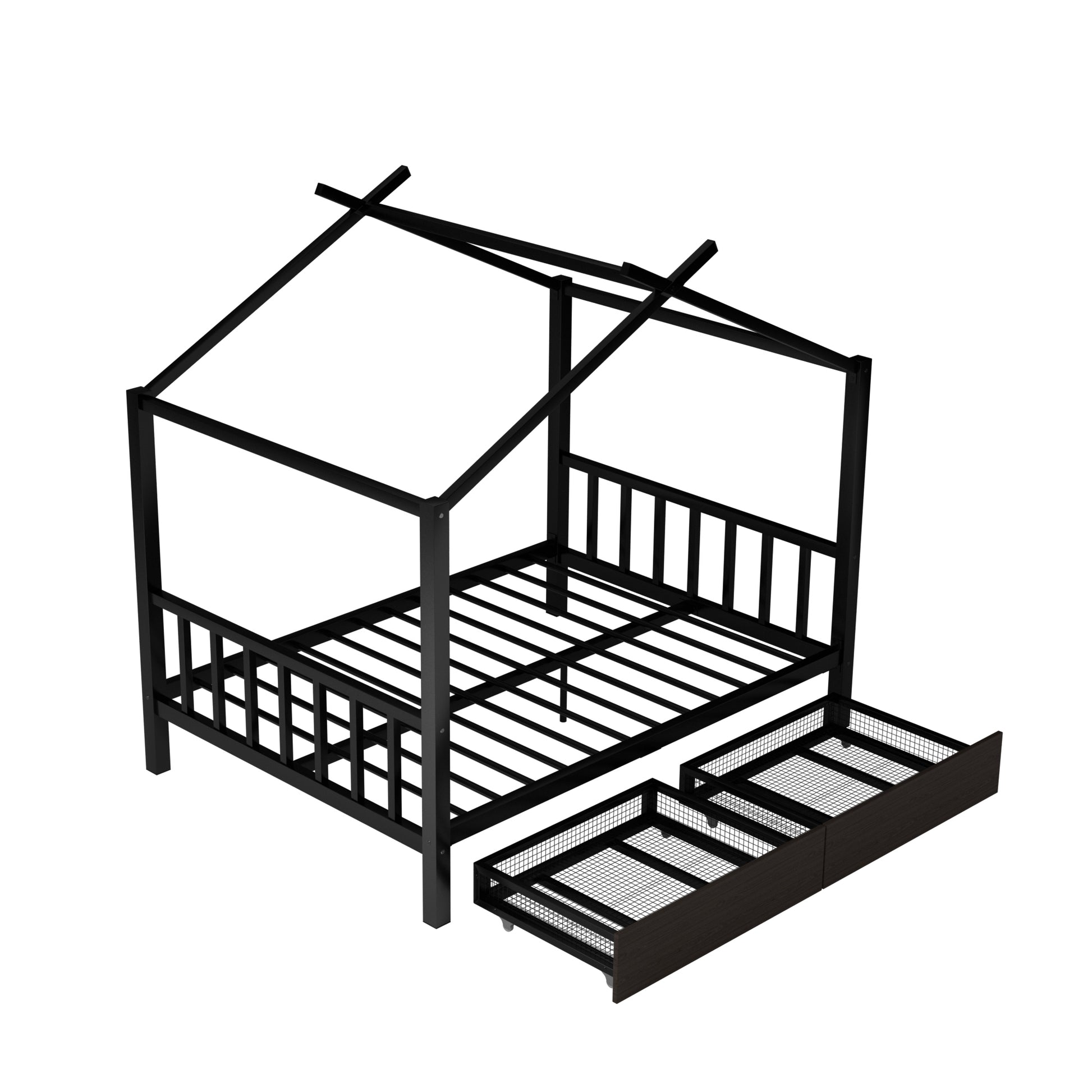 Full Size Metal House Platform Bed With Two Drawers,Headboard And Footboard,Roof Design,Black Black Metal