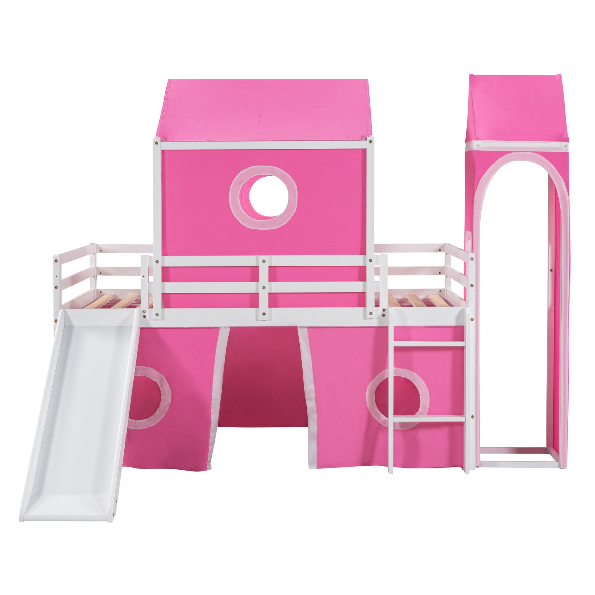 Twin Size Loft Bed With Slide Pink Tent And Tower Pink Twin Pink Solid Wood