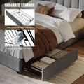 Queen Size Upholstered Platform Bed Linen Bed Frame With 2 Drawers Stitched Padded Headboard With Rivets Design Strong Bed Slats System No Box Spring Needed Grey Queen Grey Cotton Linen