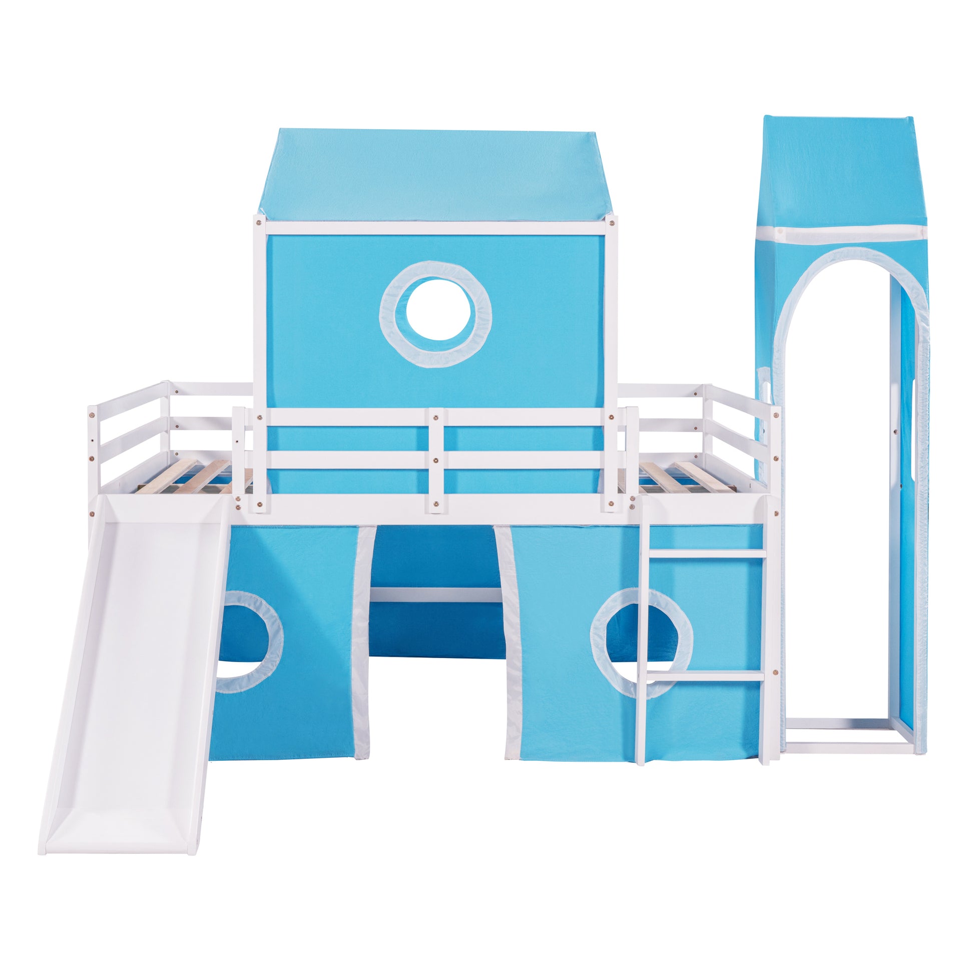 Full Size Loft Bed With Slide Blue Tent And Tower Blue Full Blue Solid Wood