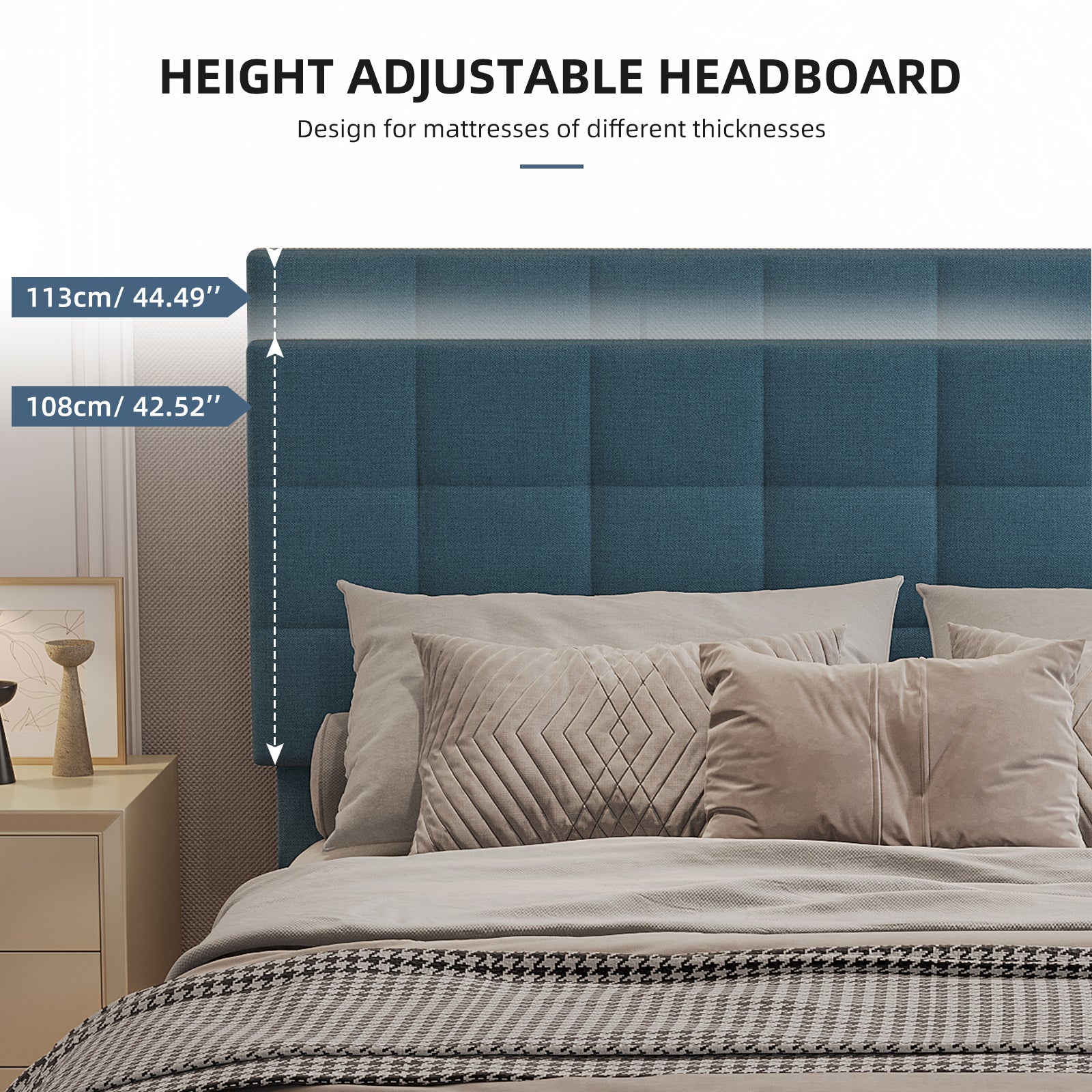 Queen Size Upholstered Platform Bed Linen Bed Frame With Lights Square Stitched Adjustable Headboard Strong Bed Slats System No Box Spring Needed Blue Queen Blue Cotton Linen