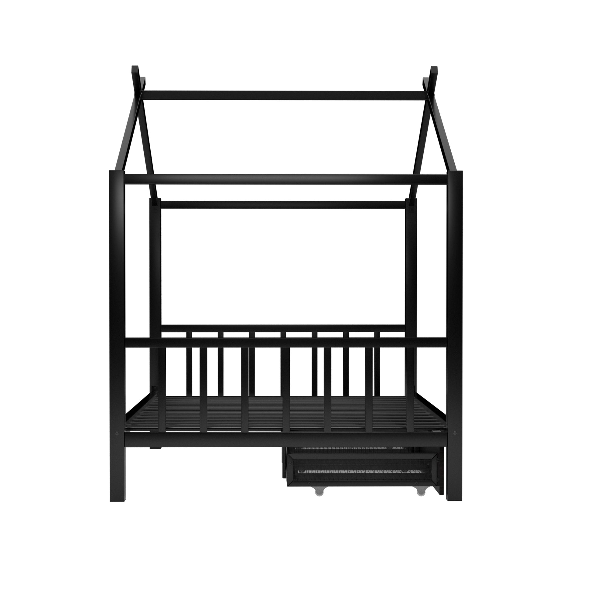 Full Size Metal House Platform Bed With Two Drawers,Headboard And Footboard,Roof Design,Black Black Metal