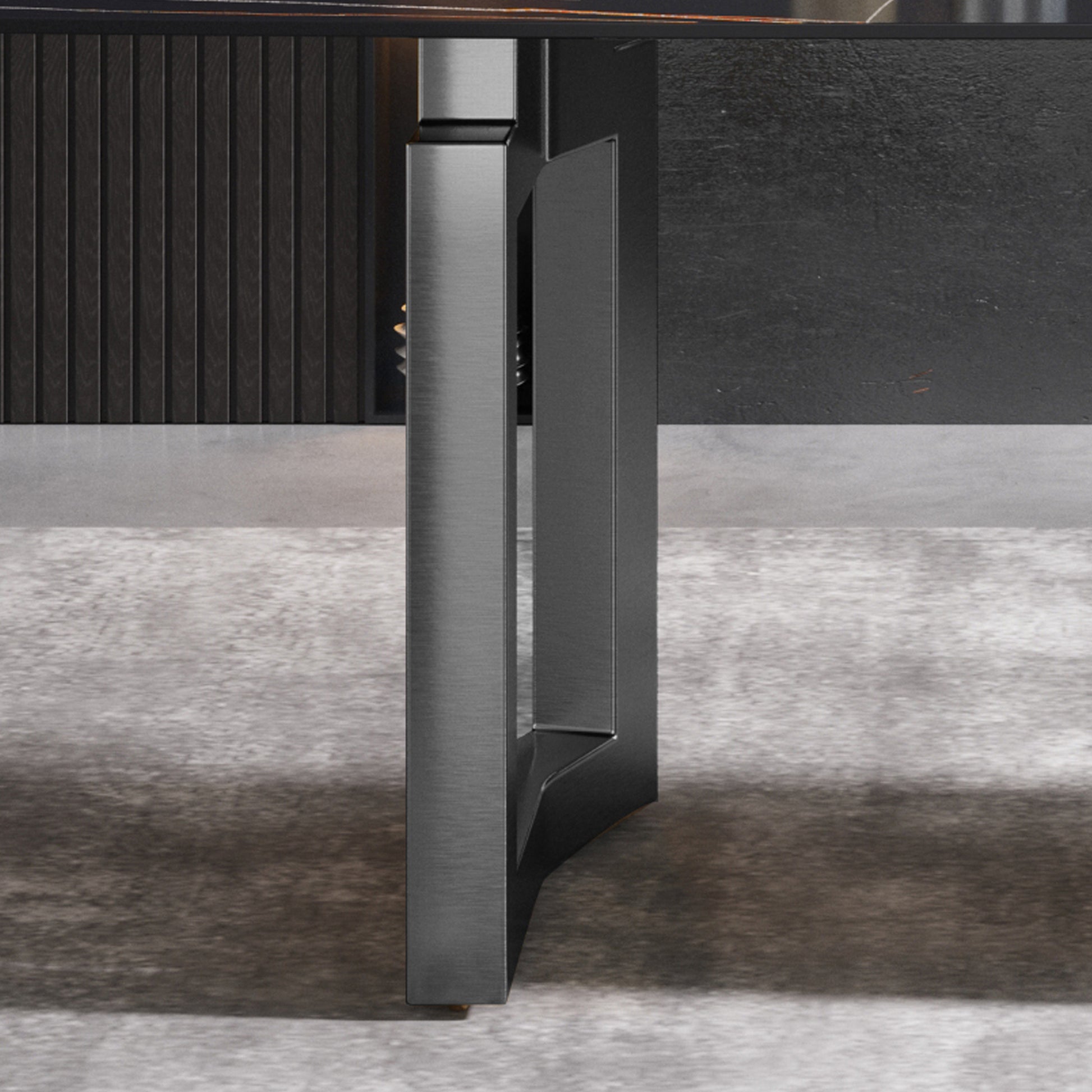 63"Modern Artificial Stone Black Curved Black Metal Leg Dining Table 6 People Black Metal Sintered Stone