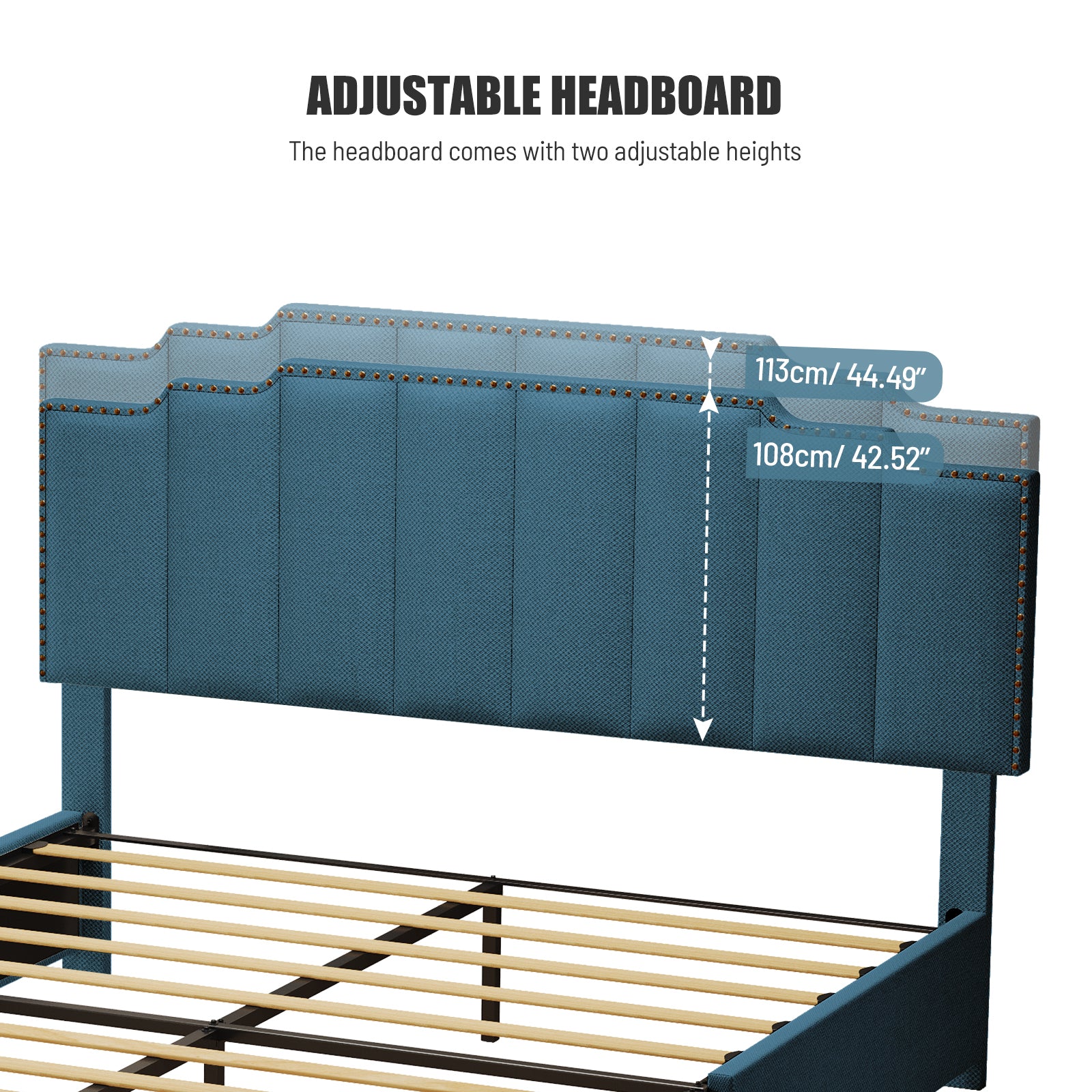 Queen Size Upholstered Platform Bed Linen Bed Frame With 2 Drawers Stitched Padded Headboard With Rivets Design Strong Bed Slats System No Box Spring Needed Blue Queen Blue Cotton Linen