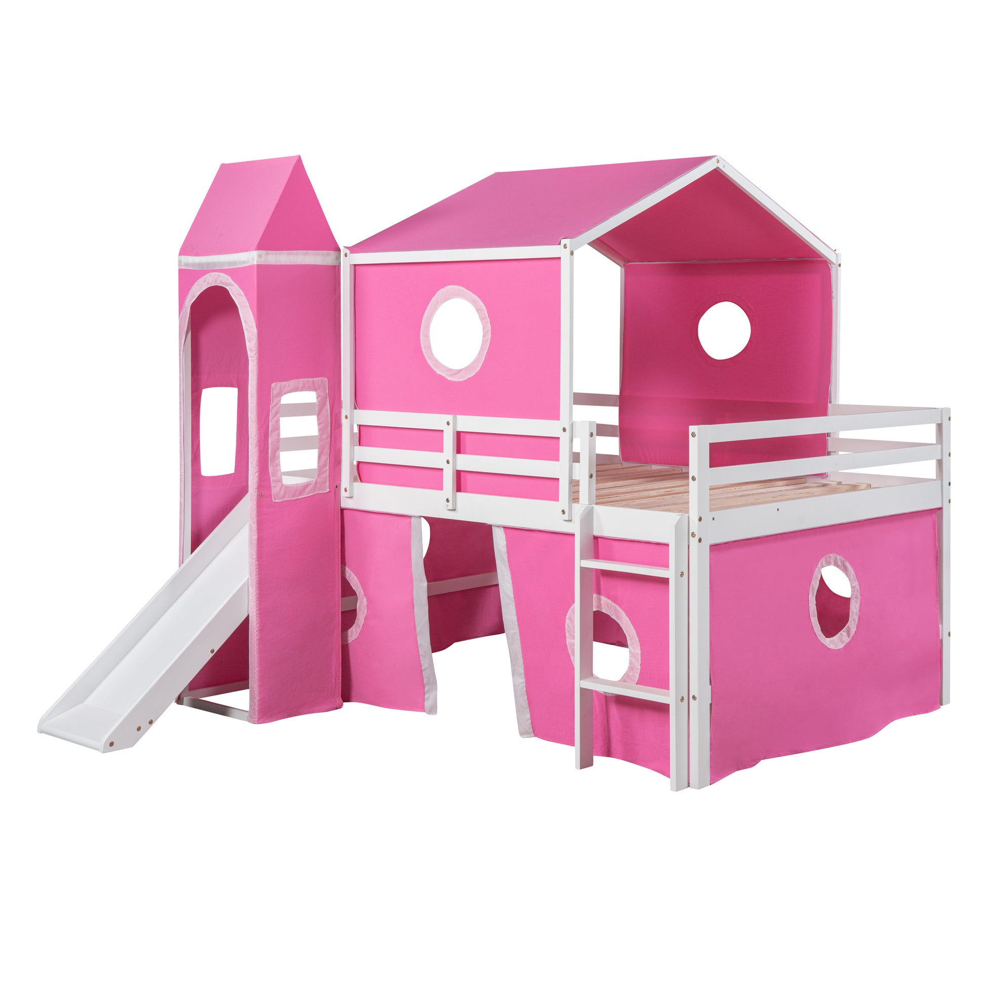 Full Size Loft Bed With Slide Pink Tent And Tower Pink Full Pink Solid Wood