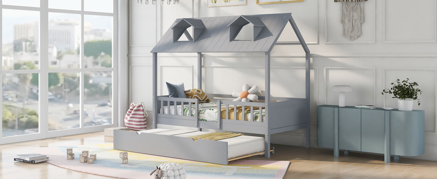 Twin Size House Bed Wood Bed With Twin Size Trundle Gray Gray Solid Wood