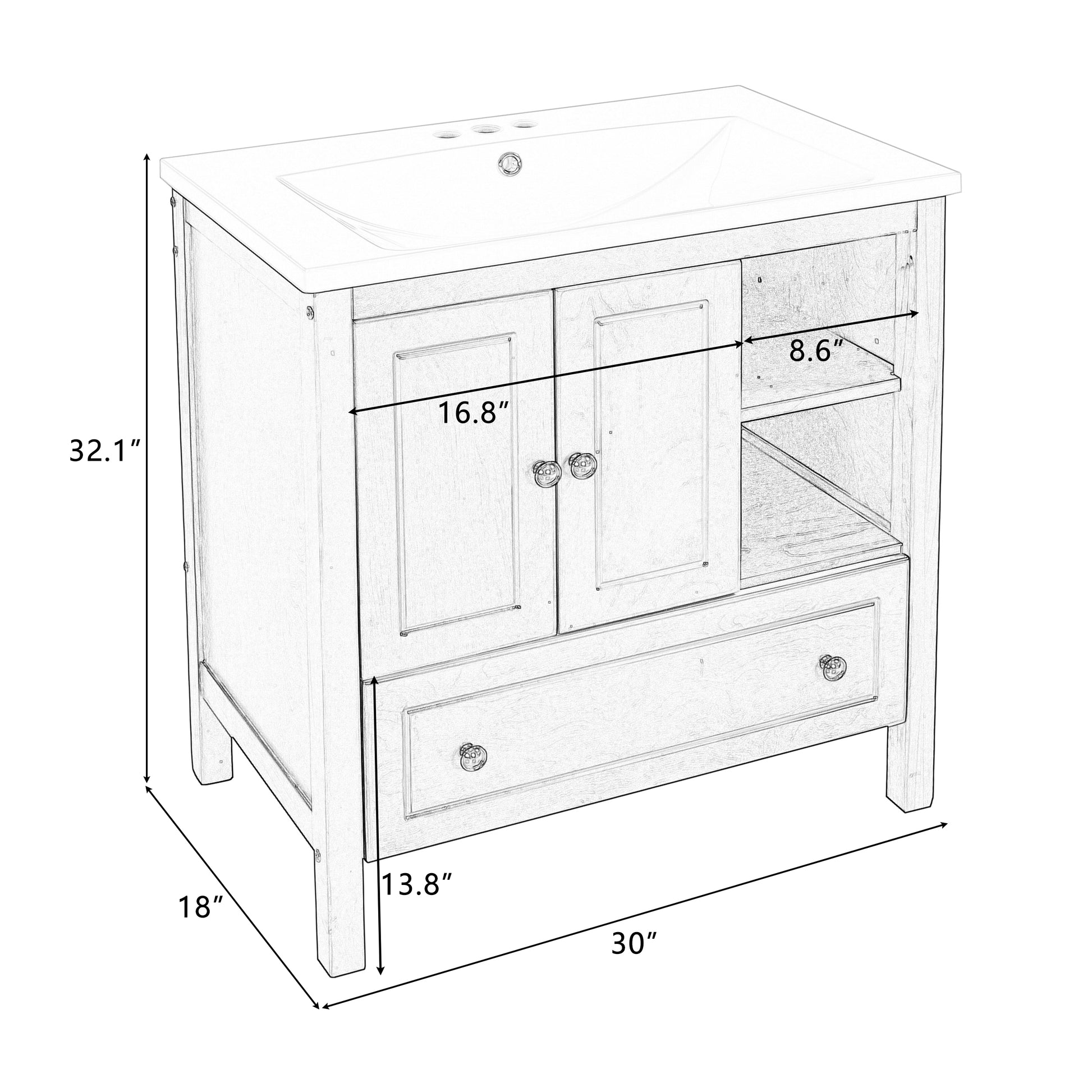 Video 30" Bathroom Vanity With Sink, Bathroom Storage Cabinet With Doors And Drawers, Solid Wood Frame, Ceramic Sink, Grey Old Sku: Jl000002Aag Grey Solid Wood Mdf