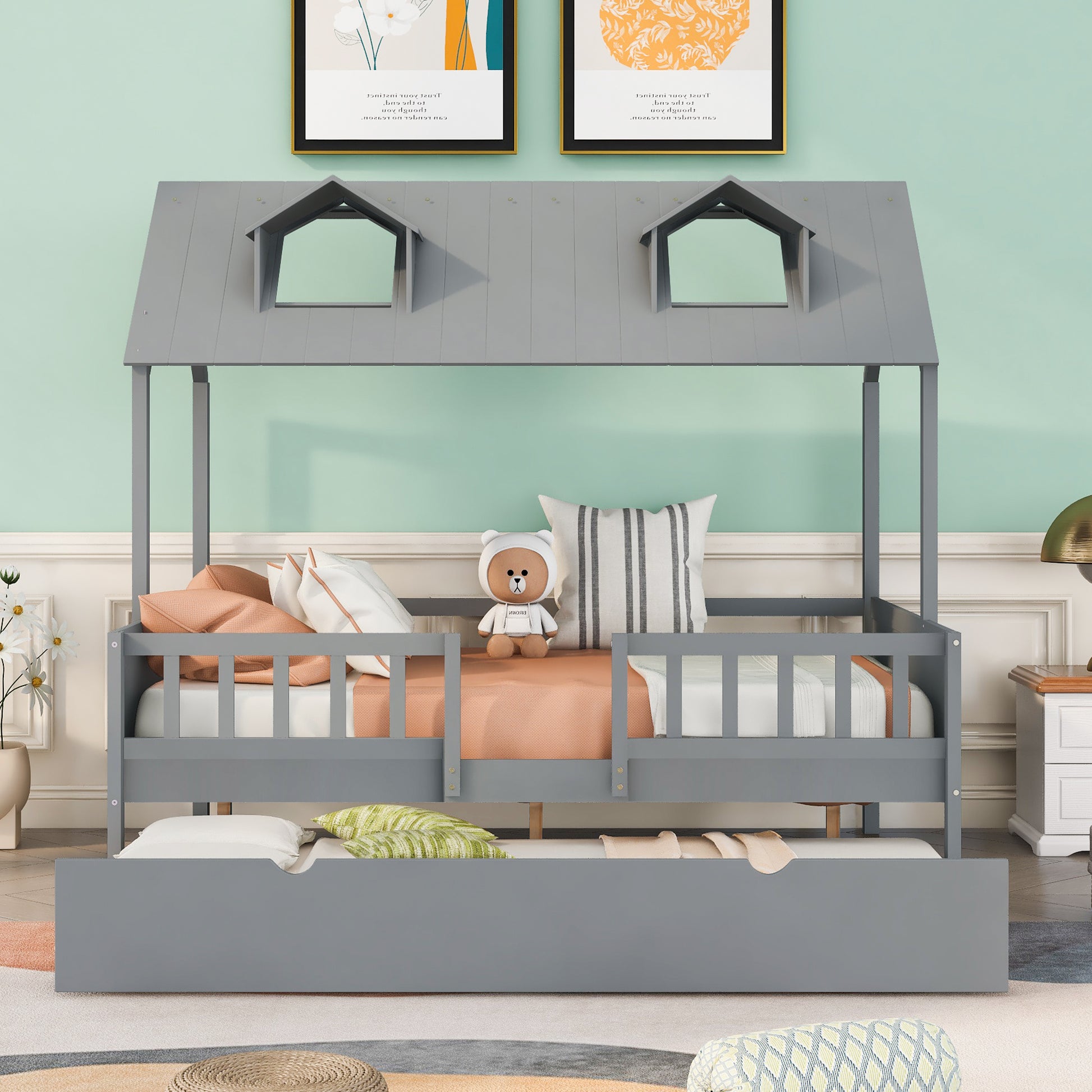 Full Size House Bed Wood Bed With Twin Size Trundle Gray Gray Solid Wood