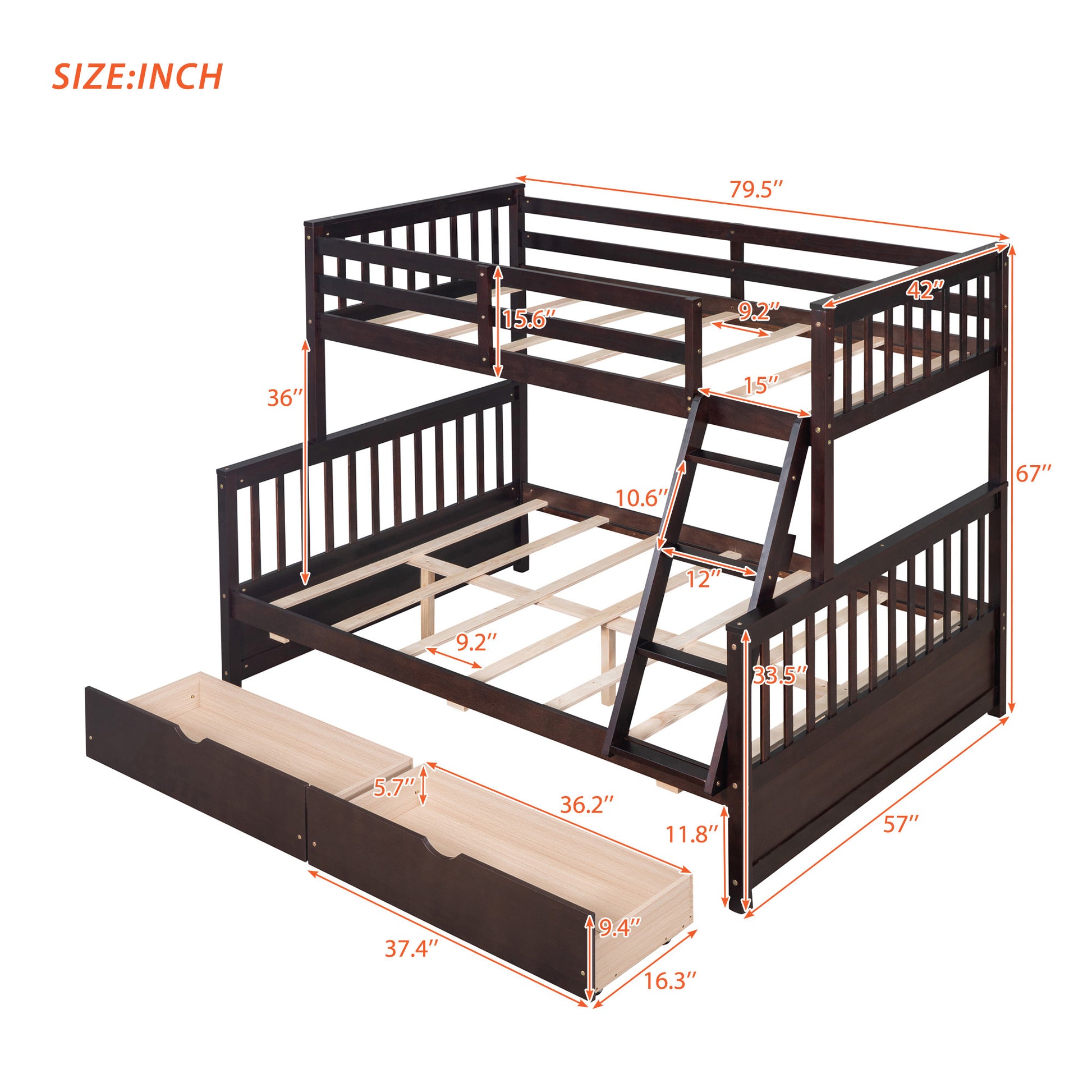 Twin Over Full Bunk Bed With Ladders And Two Storage Drawers Espresso Old Sku:Lt000165Aap Twin Espresso Solid Wood