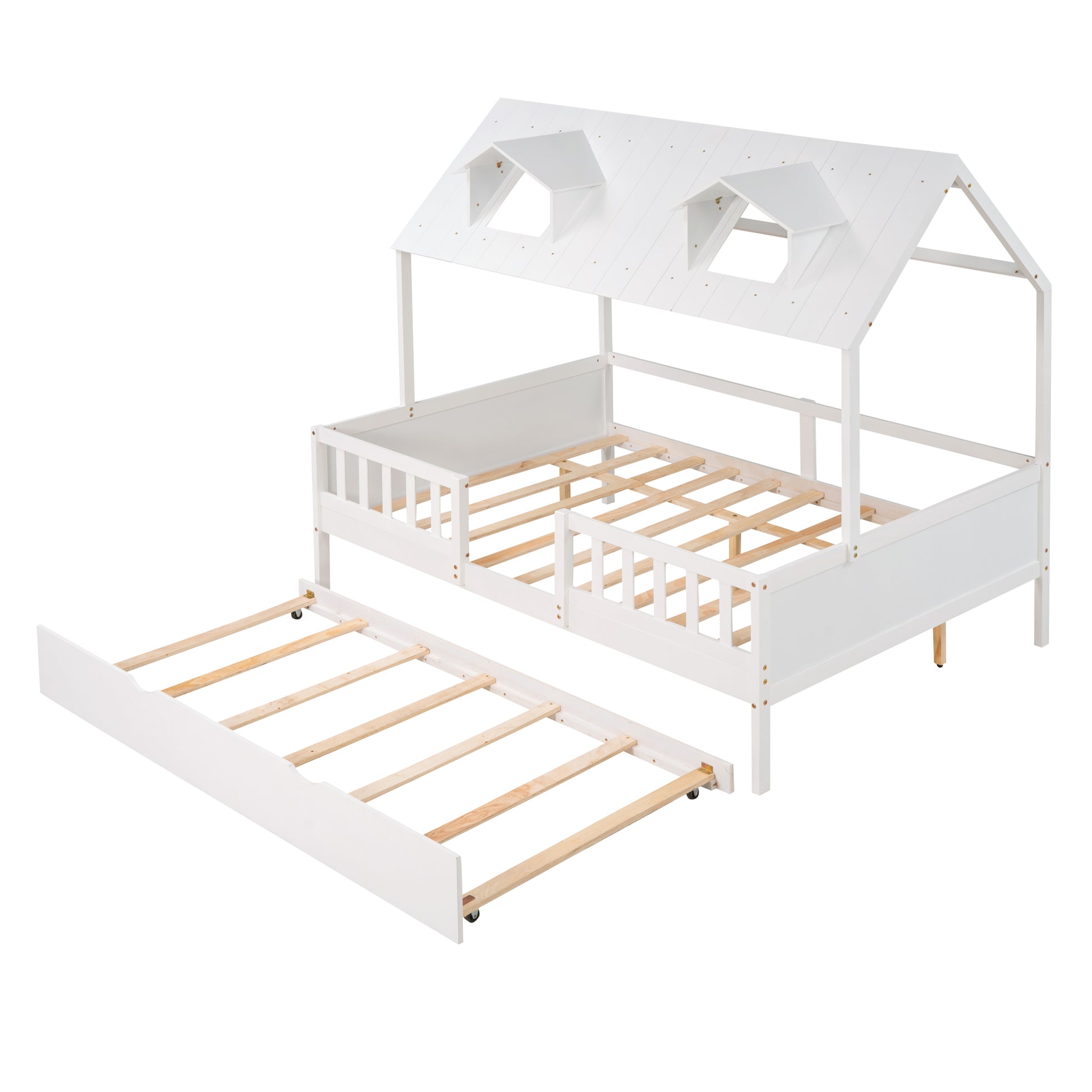 Full Size House Bed Wood Bed With Twin Size Trundle White White Solid Wood