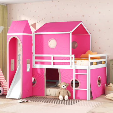 Full Size Loft Bed With Slide Pink Tent And Tower Pink Full Pink Solid Wood