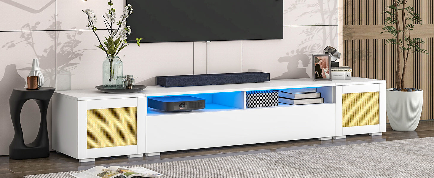 Rattan Style Entertainment Center With Push To Open Doors, 3 Pics Extended Tv Console Table For Tvs Up To 90'', Modern Tv Stand With Color Changing Led Lights For Home Theatre, White White Particle Board