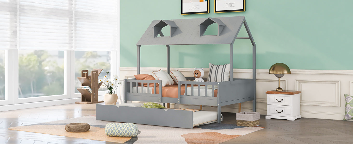 Full Size House Bed Wood Bed With Twin Size Trundle Gray Gray Solid Wood