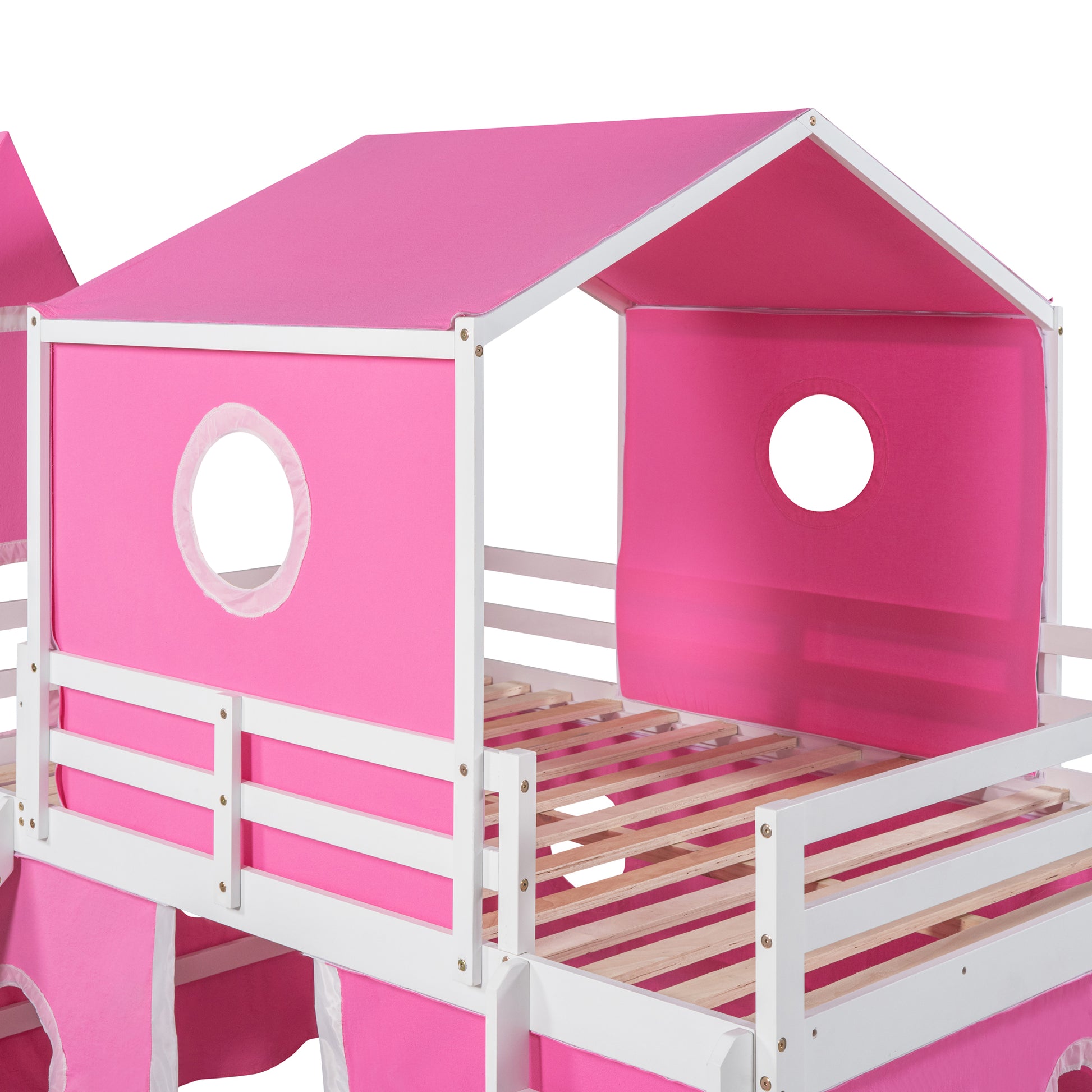 Full Size Loft Bed With Slide Pink Tent And Tower Pink Full Pink Solid Wood