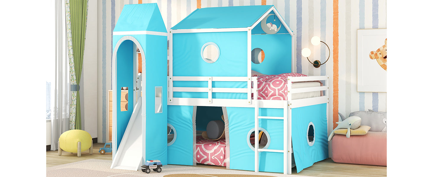 Full Size Loft Bed With Slide Blue Tent And Tower Blue Full Blue Solid Wood