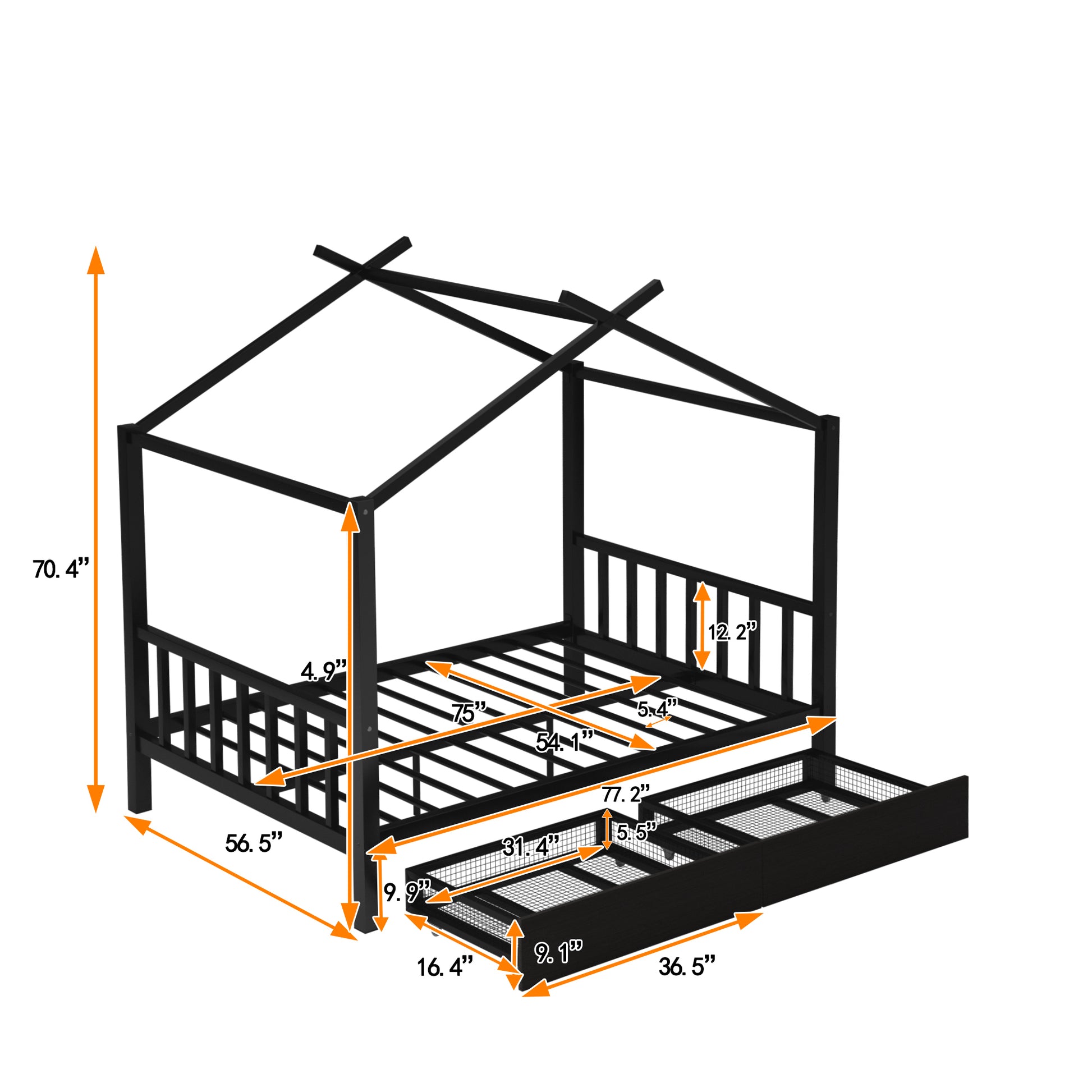 Full Size Metal House Platform Bed With Two Drawers,Headboard And Footboard,Roof Design,Black Black Metal