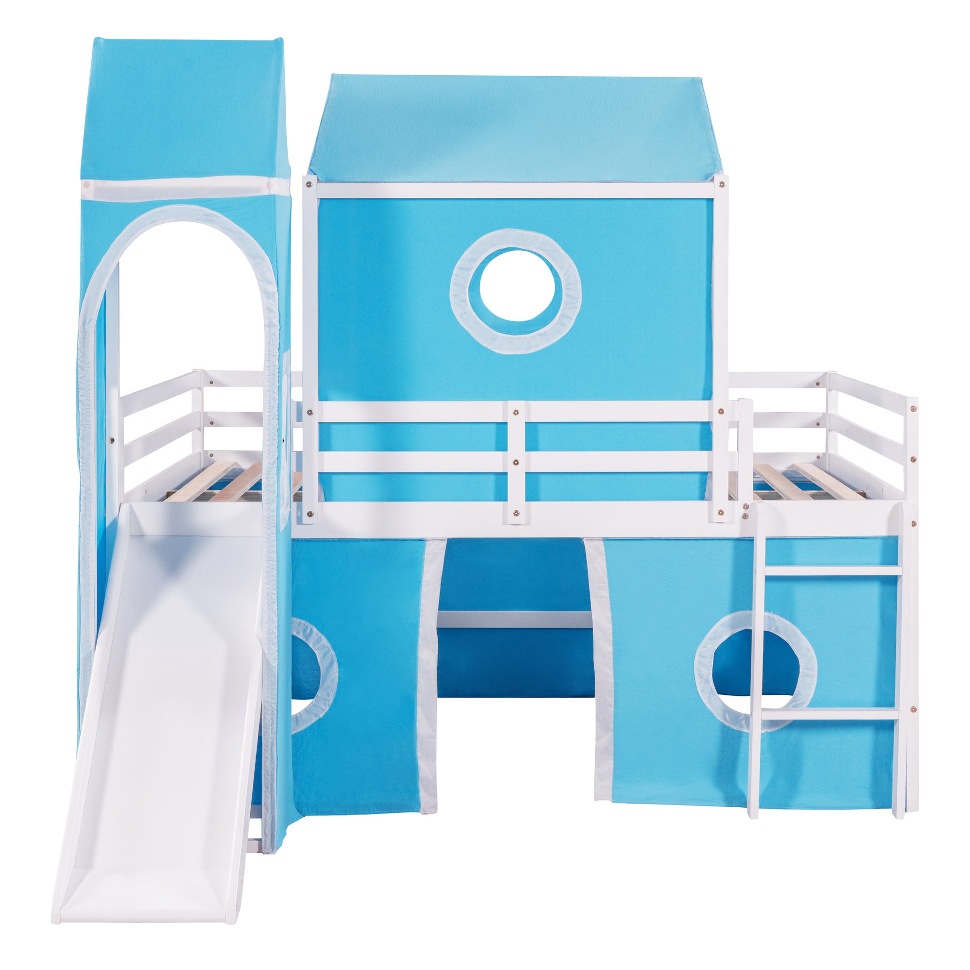 Full Size Loft Bed With Slide Blue Tent And Tower Blue Full Blue Solid Wood