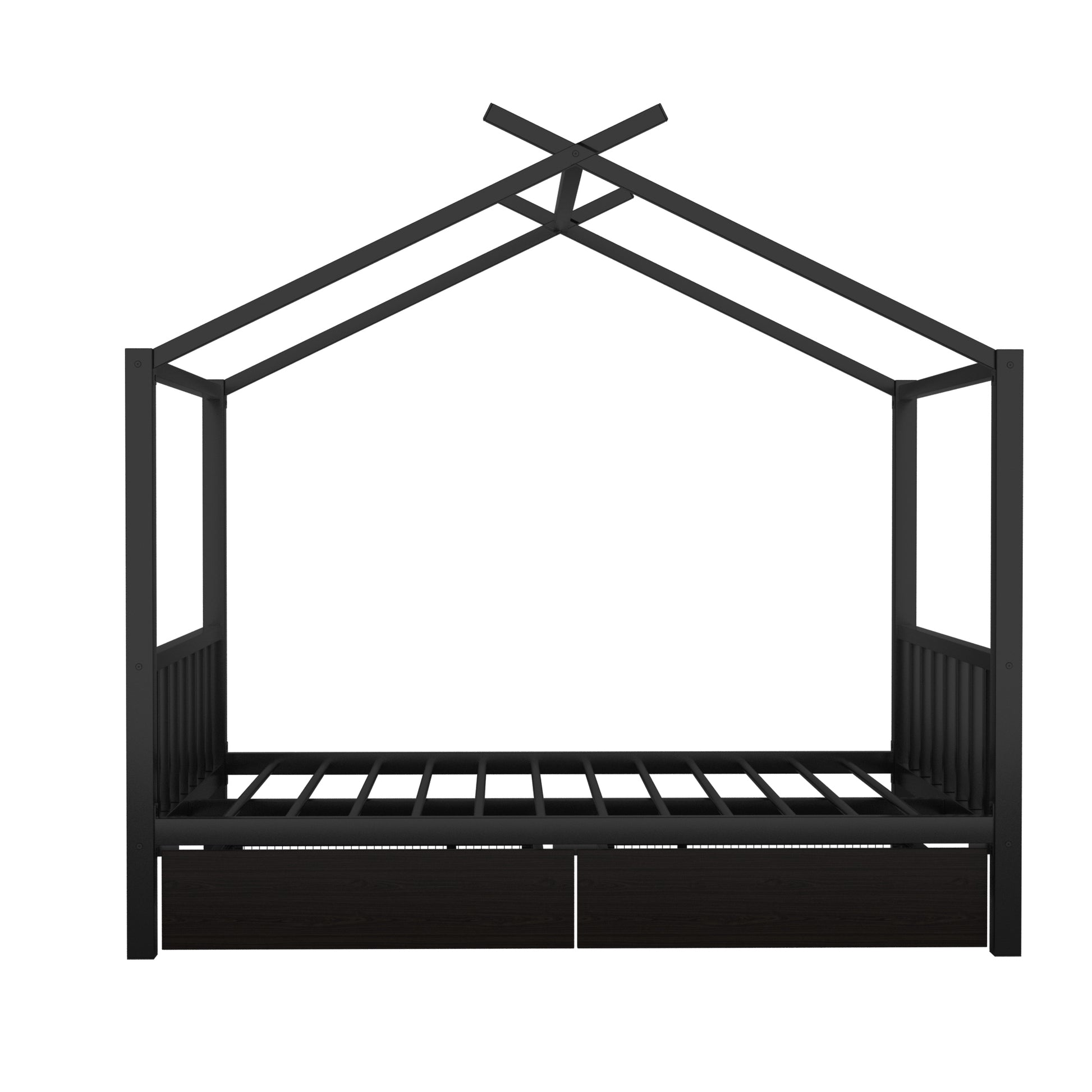 Full Size Metal House Platform Bed With Two Drawers,Headboard And Footboard,Roof Design,Black Black Metal