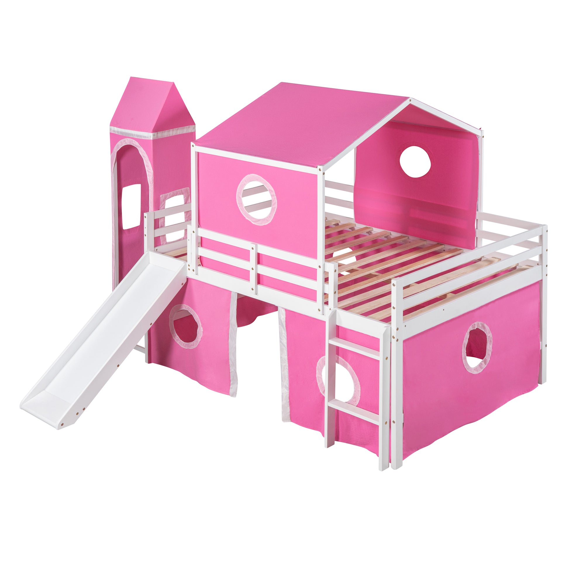 Full Size Loft Bed With Slide Pink Tent And Tower Pink Full Pink Solid Wood